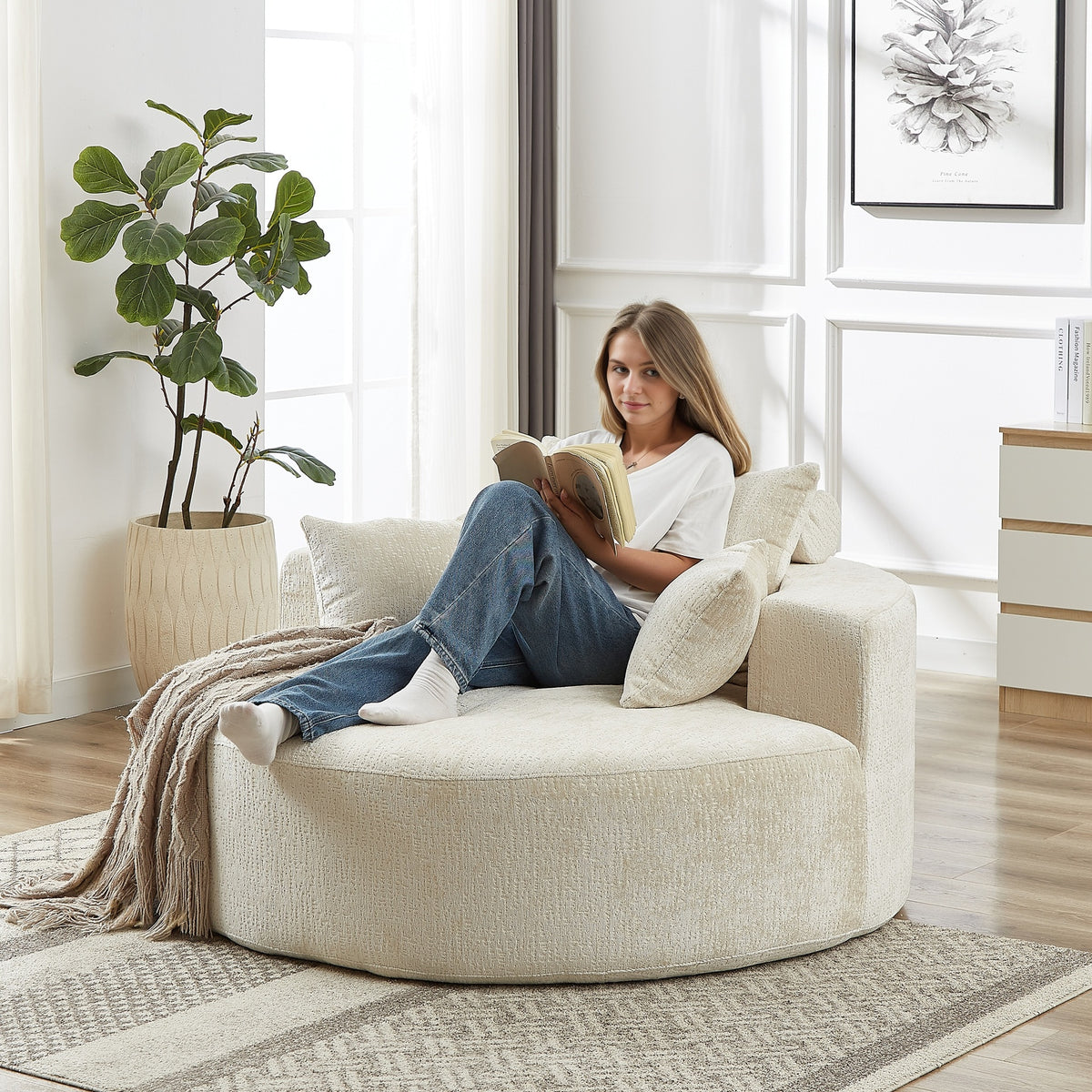 55'L Chenille Sponge single sofa,No Assembly Required,Fluffy Modern Sleeper Chair for Living room, Bedroom, Lounge and Projection Room(Not a swivel chair.)