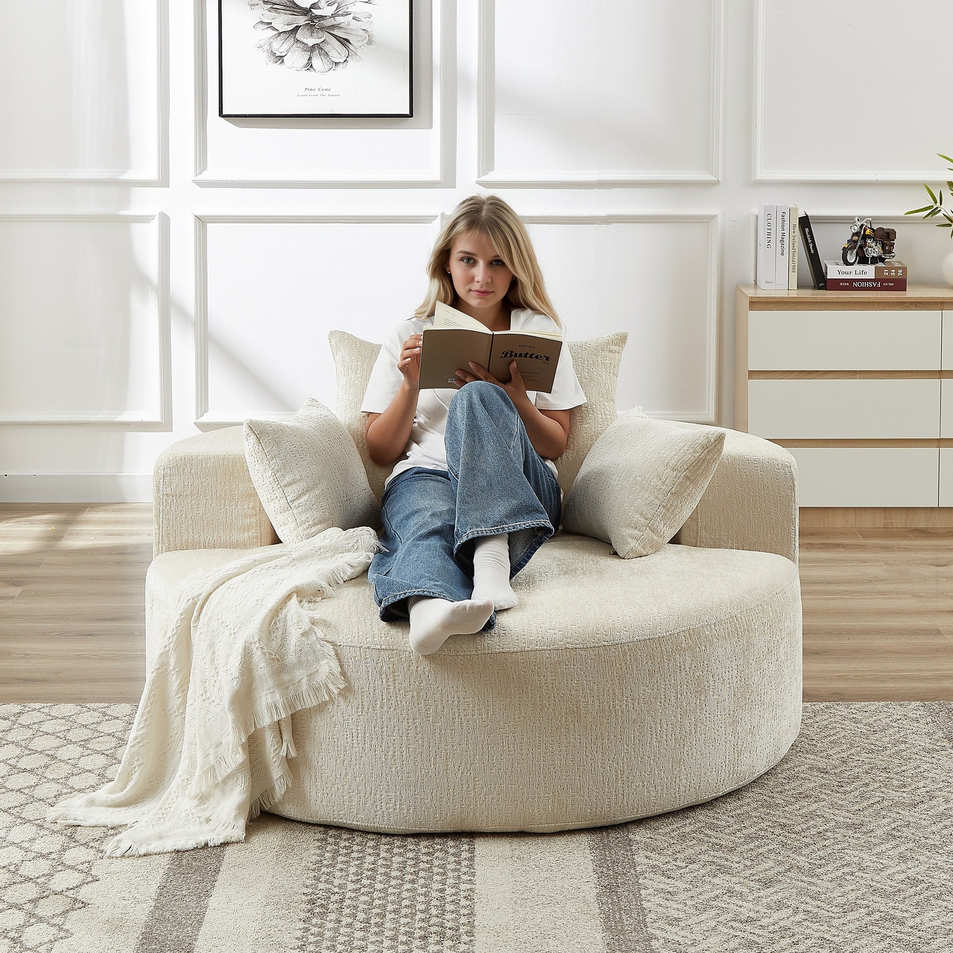 55'L Chenille Sponge single sofa,No Assembly Required,Fluffy Modern Sleeper Chair for Living room, Bedroom, Lounge and Projection Room(Not a swivel chair.)