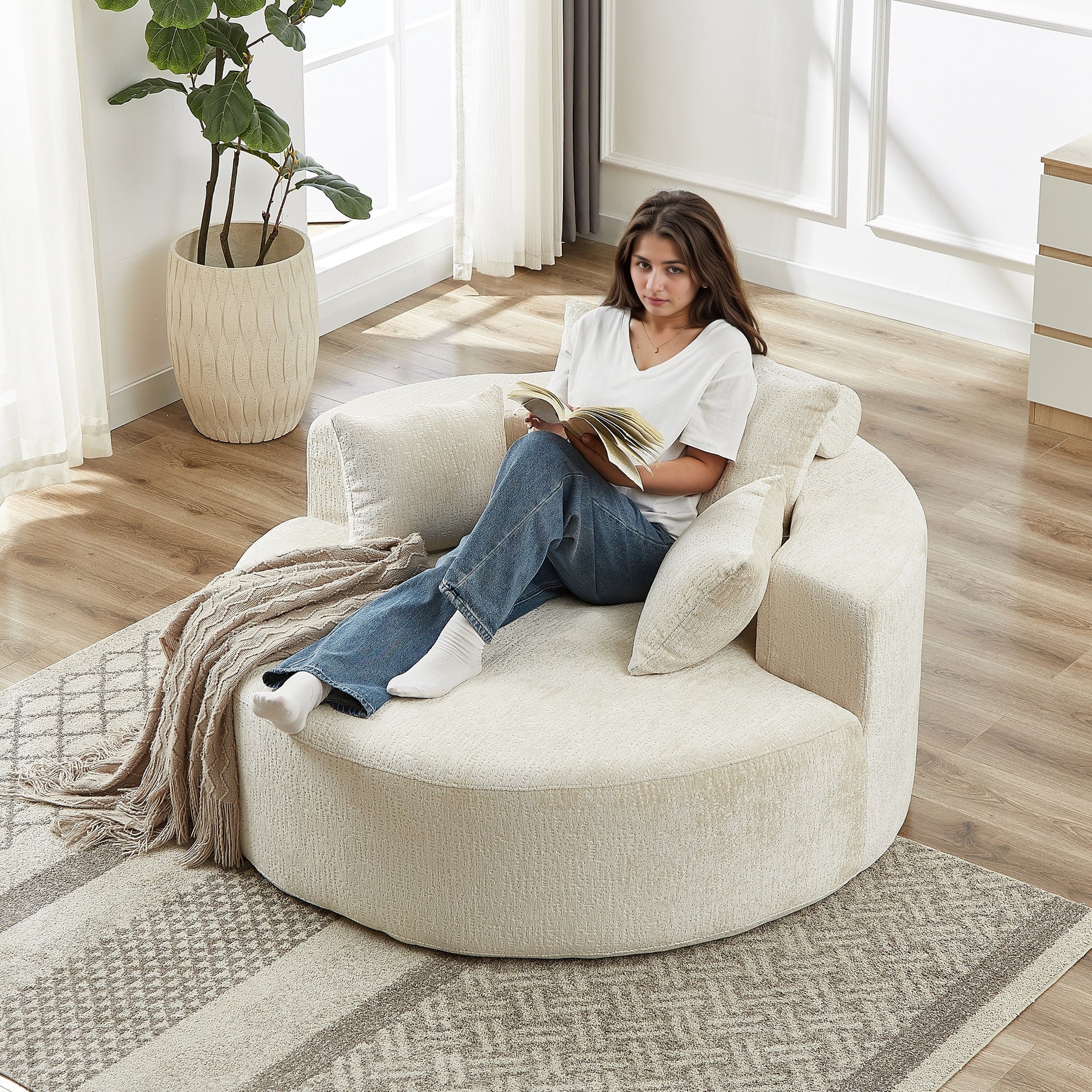 55'L Chenille Sponge single sofa,No Assembly Required,Fluffy Modern Sleeper Chair for Living room, Bedroom, Lounge and Projection Room(Not a swivel chair.)