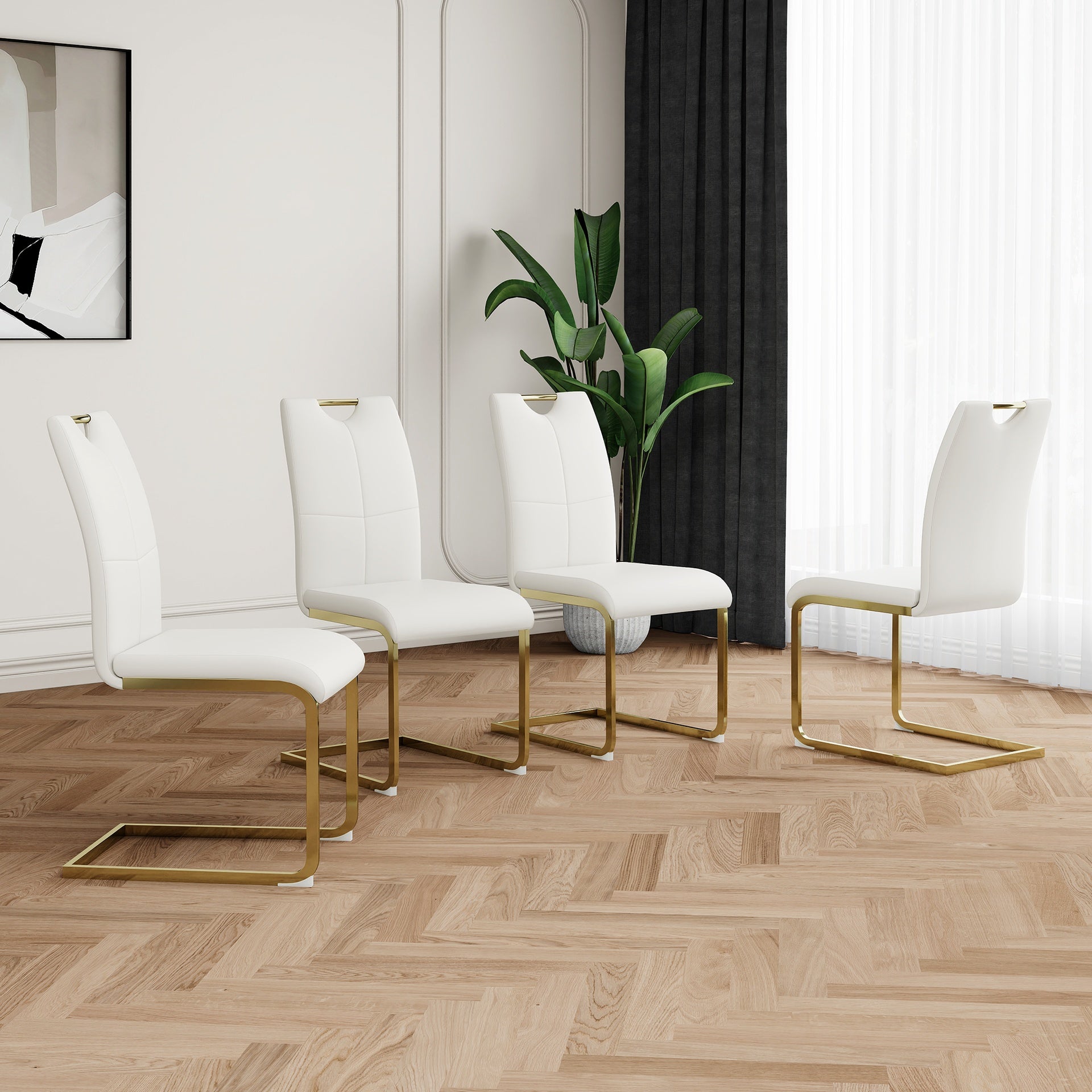Modern Dining Chairs with Faux Leather Padded Seat Dining Living Room Chairs Upholstered Chair with gold Metal Legs Design for Kitchen, Living, Bedroom, Dining Room Side Chairs Set of 4