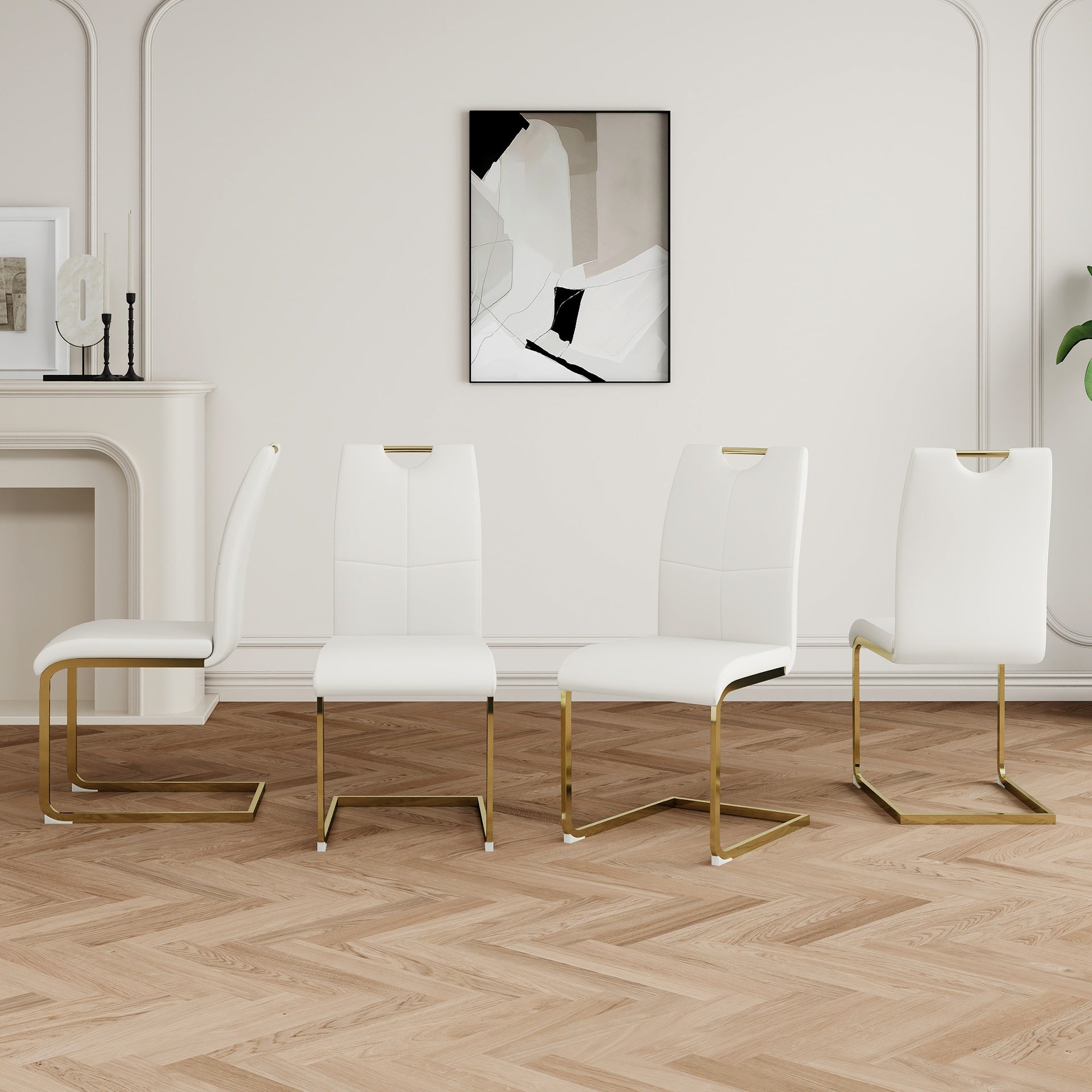 Modern Dining Chairs with Faux Leather Padded Seat Dining Living Room Chairs Upholstered Chair with gold Metal Legs Design for Kitchen, Living, Bedroom, Dining Room Side Chairs Set of 4