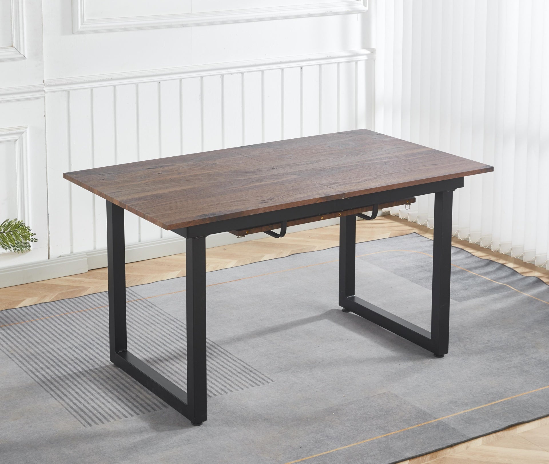 walnut color,Square Extendable Dining Table with metal leg,Modern Space Saving Kitchen Table for Living Room(55.11''/ 70.86" L x 31.5" W x 29.5" H)