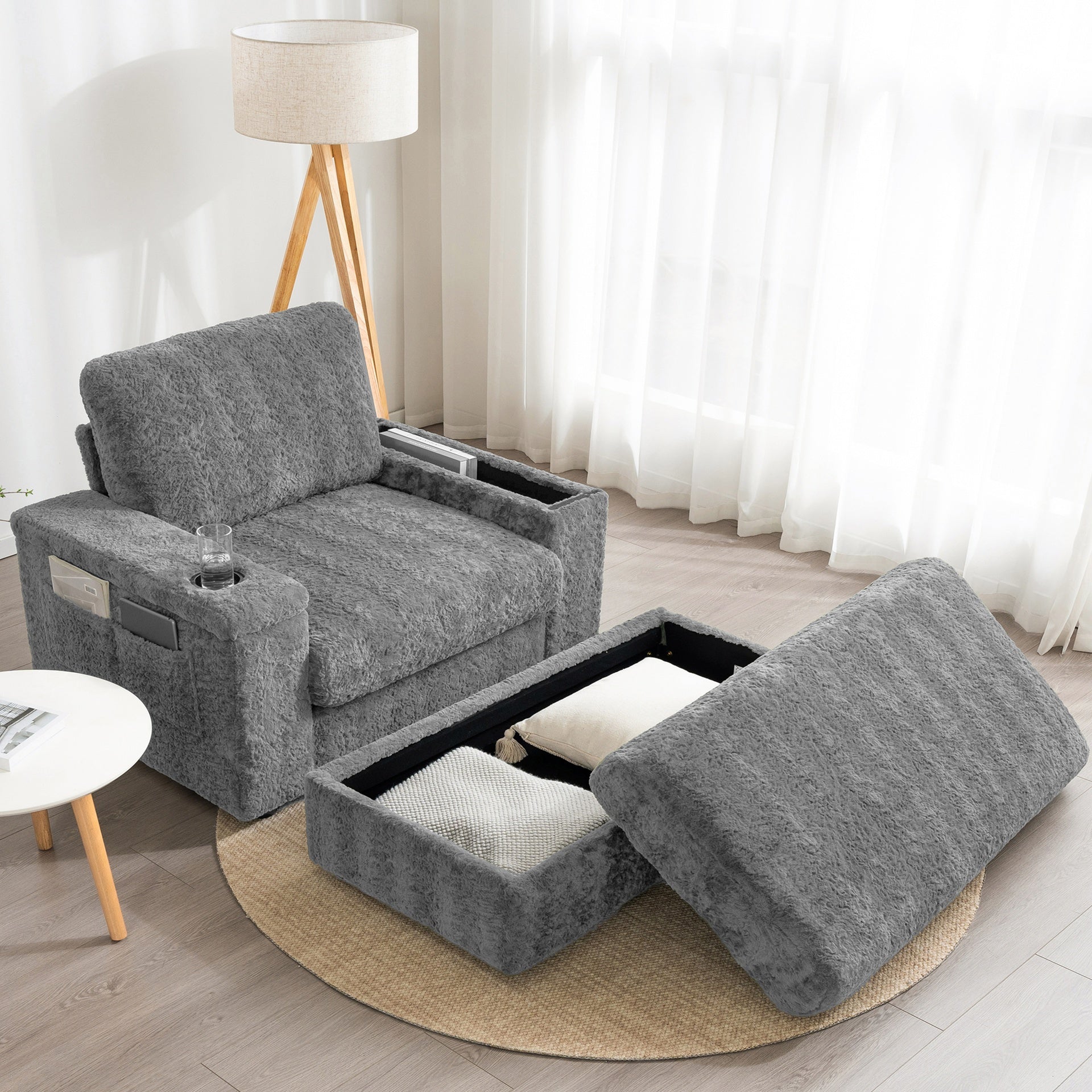 42" Oversized Single Sofa, Faux Rabbit Fur Armchair with Cup Holders, Upholstered Chaise Lounge with Storage Ottoman and Armrests, Sleeper Reading Couch with Deep Seat for Living Room, Apartment
