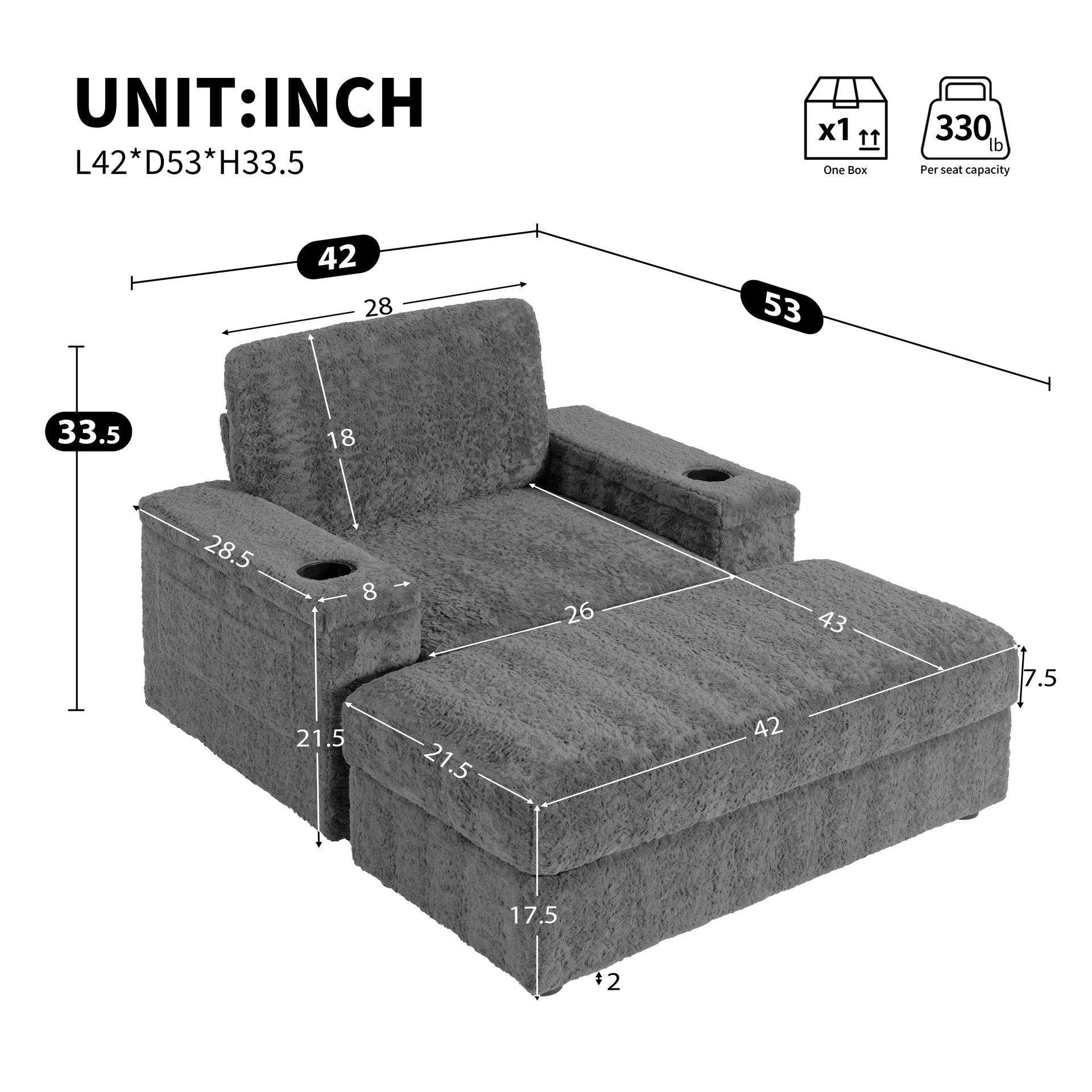 42" Oversized Single Sofa, Faux Rabbit Fur Armchair with Cup Holders, Upholstered Chaise Lounge with Storage Ottoman and Armrests, Sleeper Reading Couch with Deep Seat for Living Room, Apartment