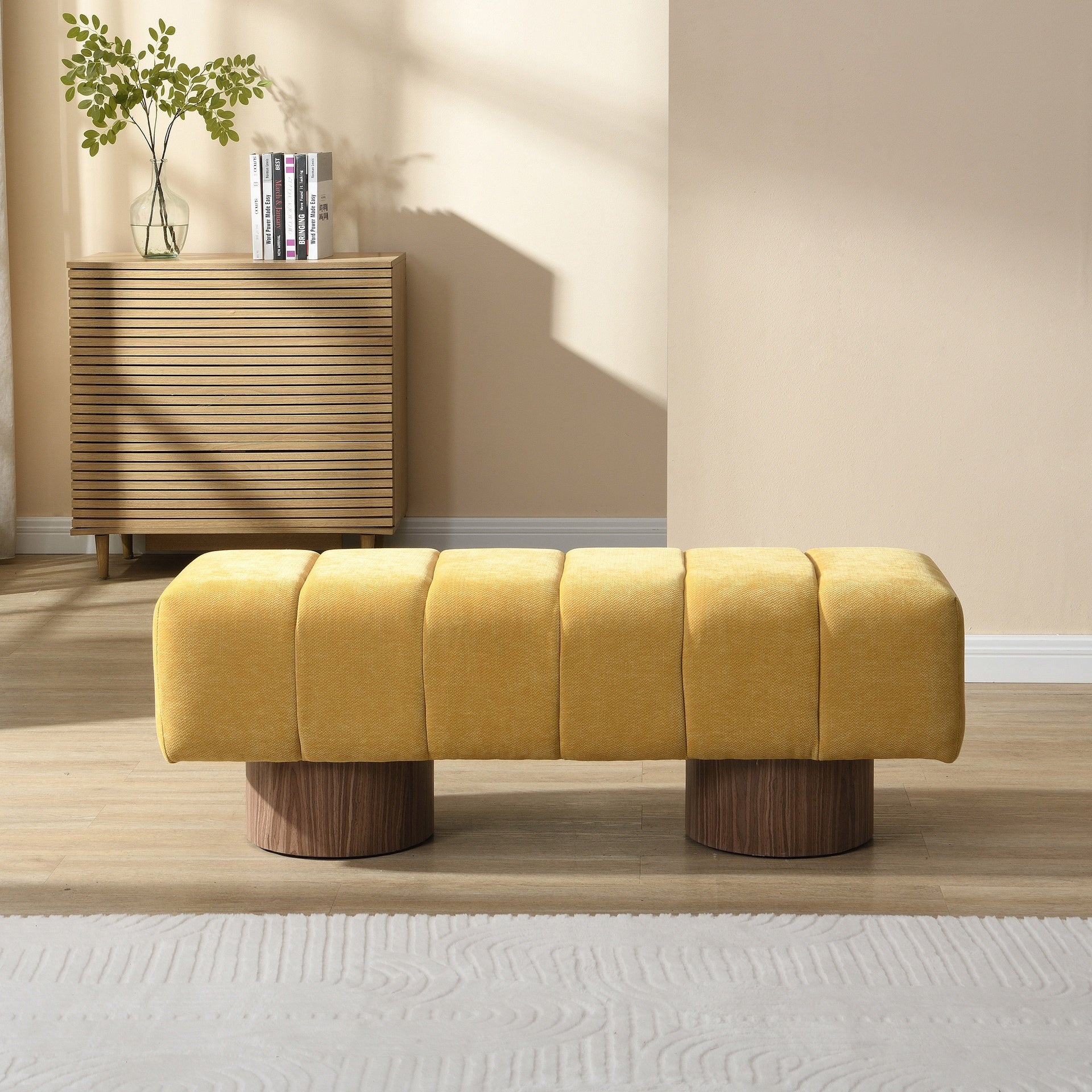 Upholstered Dining Bench for Dining Room, No-Assembly End of Bed Entryway Bench Ottoman for Bedroom Living Room, Yellow Chenille Fabric Stool Top Wood Leg 300 LBS Weight Capacity
