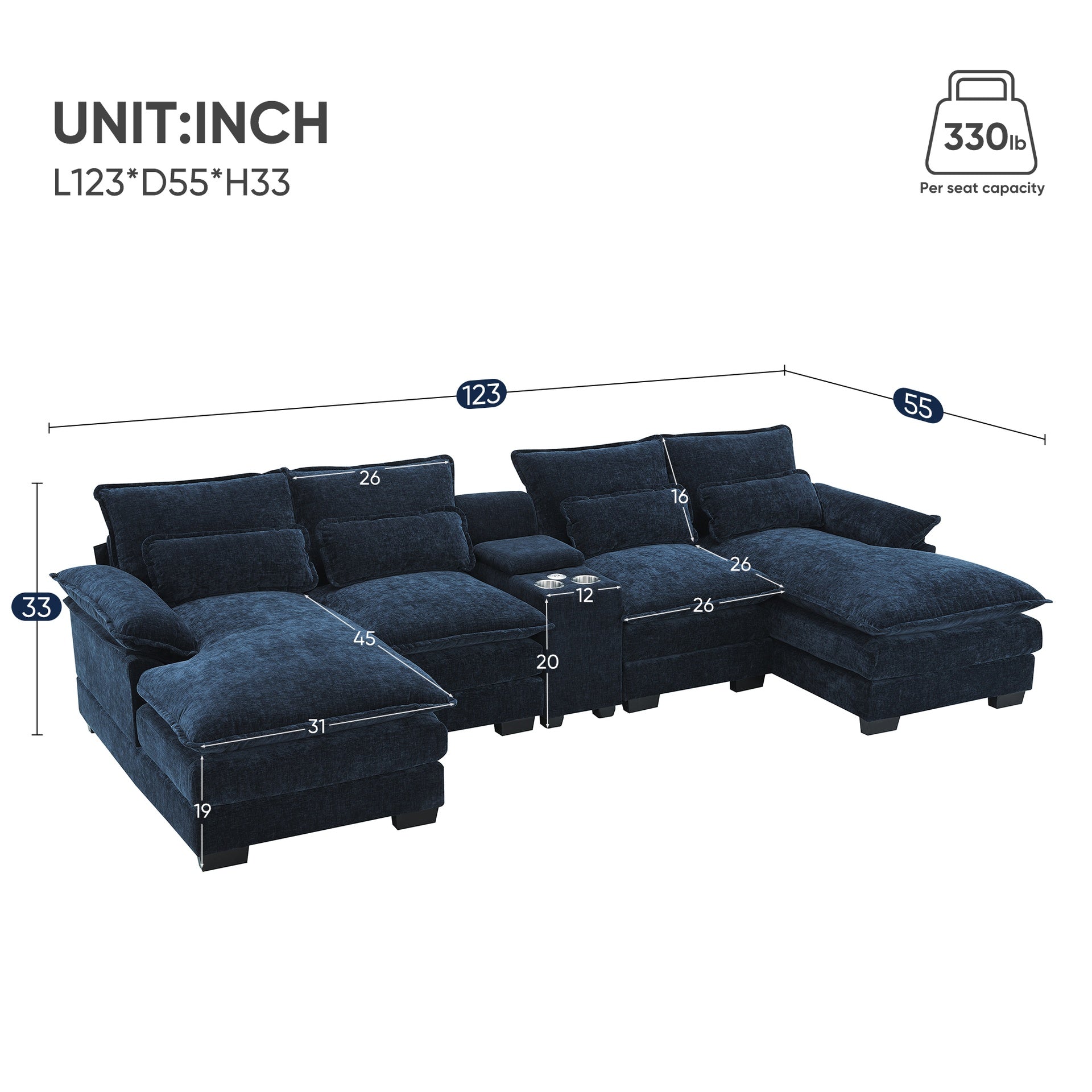 123*55"Modern U-shaped Sectional Sofa with Console,Cup Holders and USB Charger,6 Seat Upholstered Symmetrical Indoor Furniture,Comfy Chenille Cloud Couch with Chaise for Living Room,Apartment,5 Colors