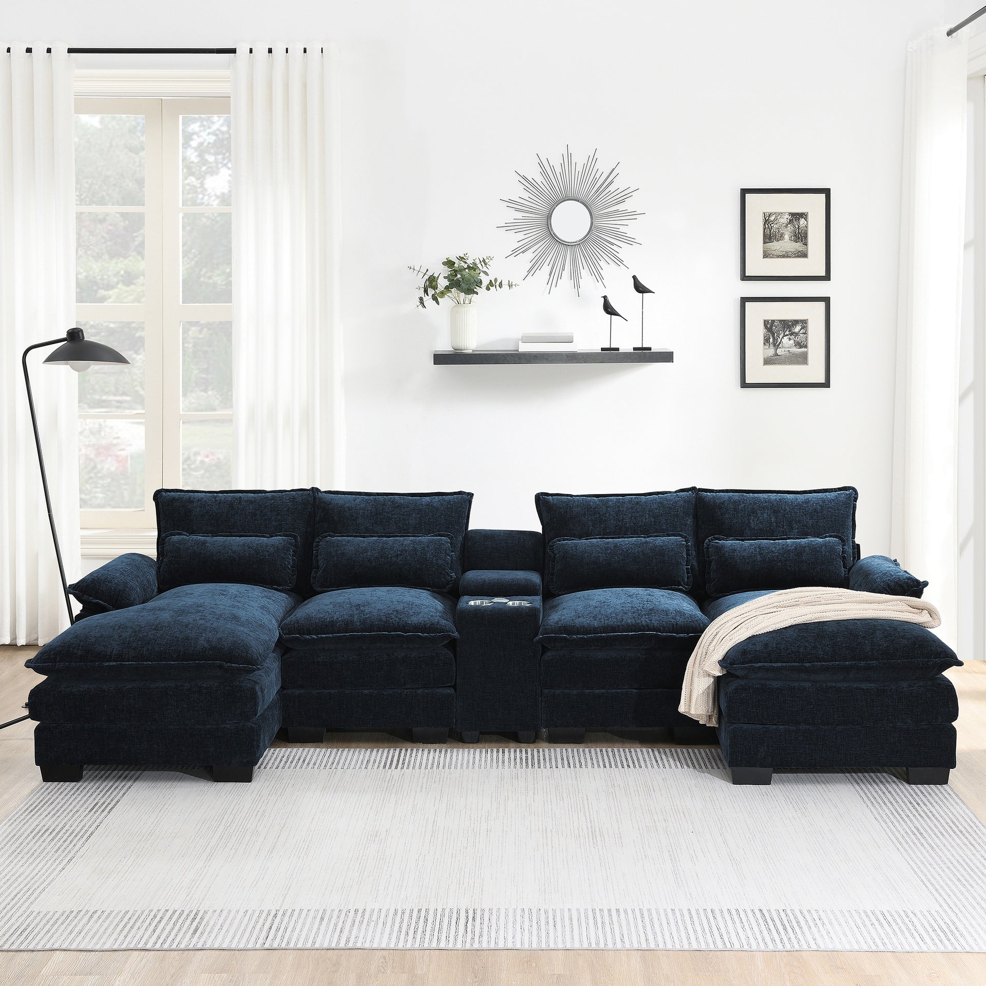 123*55"Modern U-shaped Sectional Sofa with Console,Cup Holders and USB Charger,6 Seat Upholstered Symmetrical Indoor Furniture,Comfy Chenille Cloud Couch with Chaise for Living Room,Apartment,5 Colors