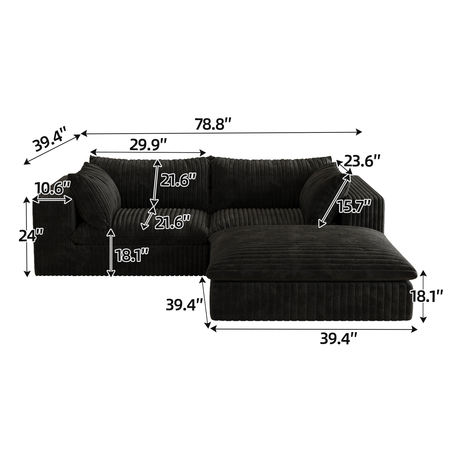 39.8" Cloud Sofa,Corduroy Fabric,Deep Seat Couches,Double-layer design,Removable  Cushion,No Assembly, DIY Combination for Living room, Bedroom,Conference room ,Apartment,Black