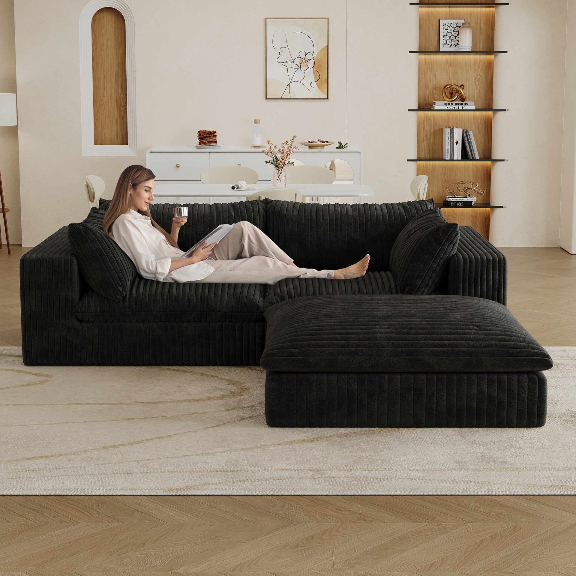 39.8" Cloud Sofa,Corduroy Fabric,Deep Seat Couches,Double-layer design,Removable  Cushion,No Assembly, DIY Combination for Living room, Bedroom,Conference room ,Apartment,Black