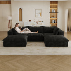 118.2" Cloud Sofa,Corduroy Fabric,Deep Seat Couches,Double-layer design,Removable Cushion,No Assembly, DIY Combination for Living room, Bedroom,Conference room ,Apartment,Black