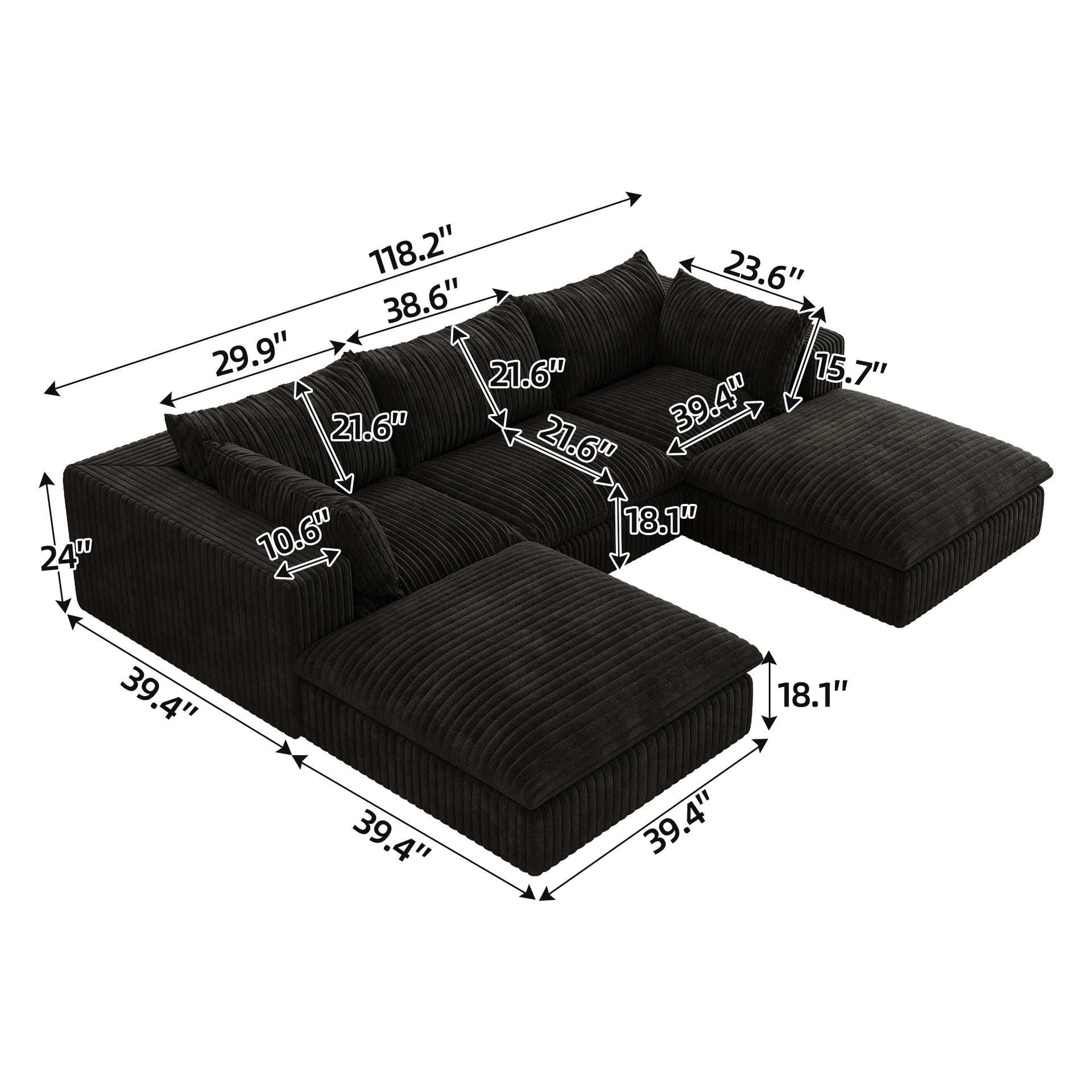 118.2" Cloud Sofa,Corduroy Fabric,Deep Seat Couches,Double-layer design,Removable Cushion,No Assembly, DIY Combination for Living room, Bedroom,Conference room ,Apartment,Black