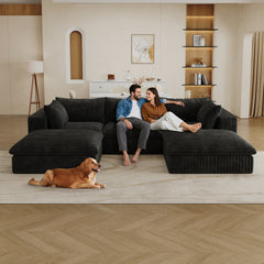 118.2" Cloud Sofa,Corduroy Fabric,Deep Seat Couches,Double-layer design,Removable Cushion,No Assembly, DIY Combination for Living room, Bedroom,Conference room ,Apartment,Black