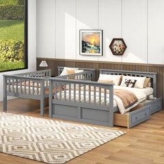 Twin over Full Bunk Bed with Drawers, Convertible Beds, Gray