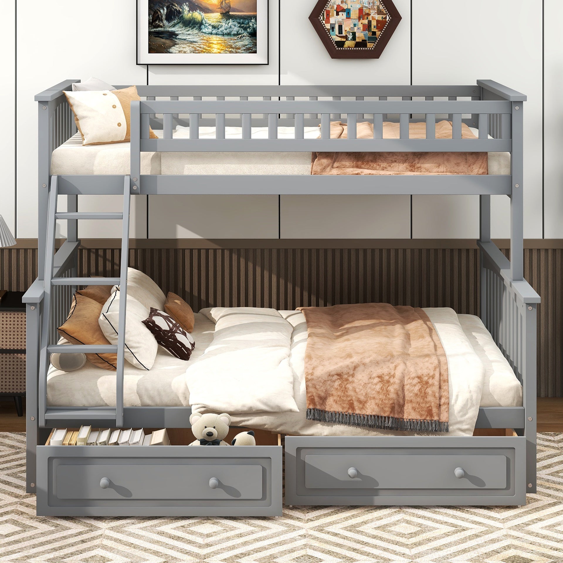 Twin over Full Bunk Bed with Drawers, Convertible Beds, Gray