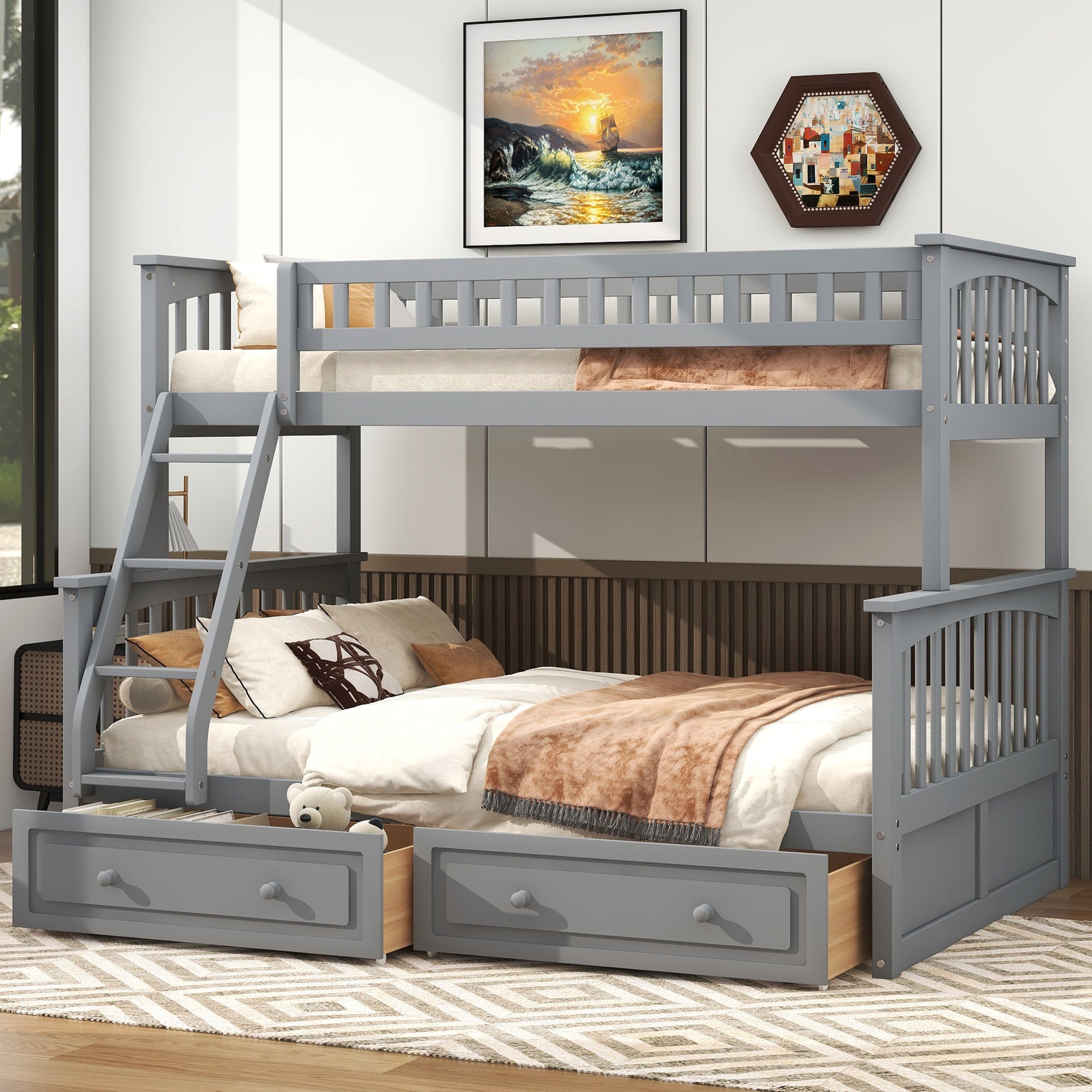 Twin over Full Bunk Bed with Drawers, Convertible Beds, Gray