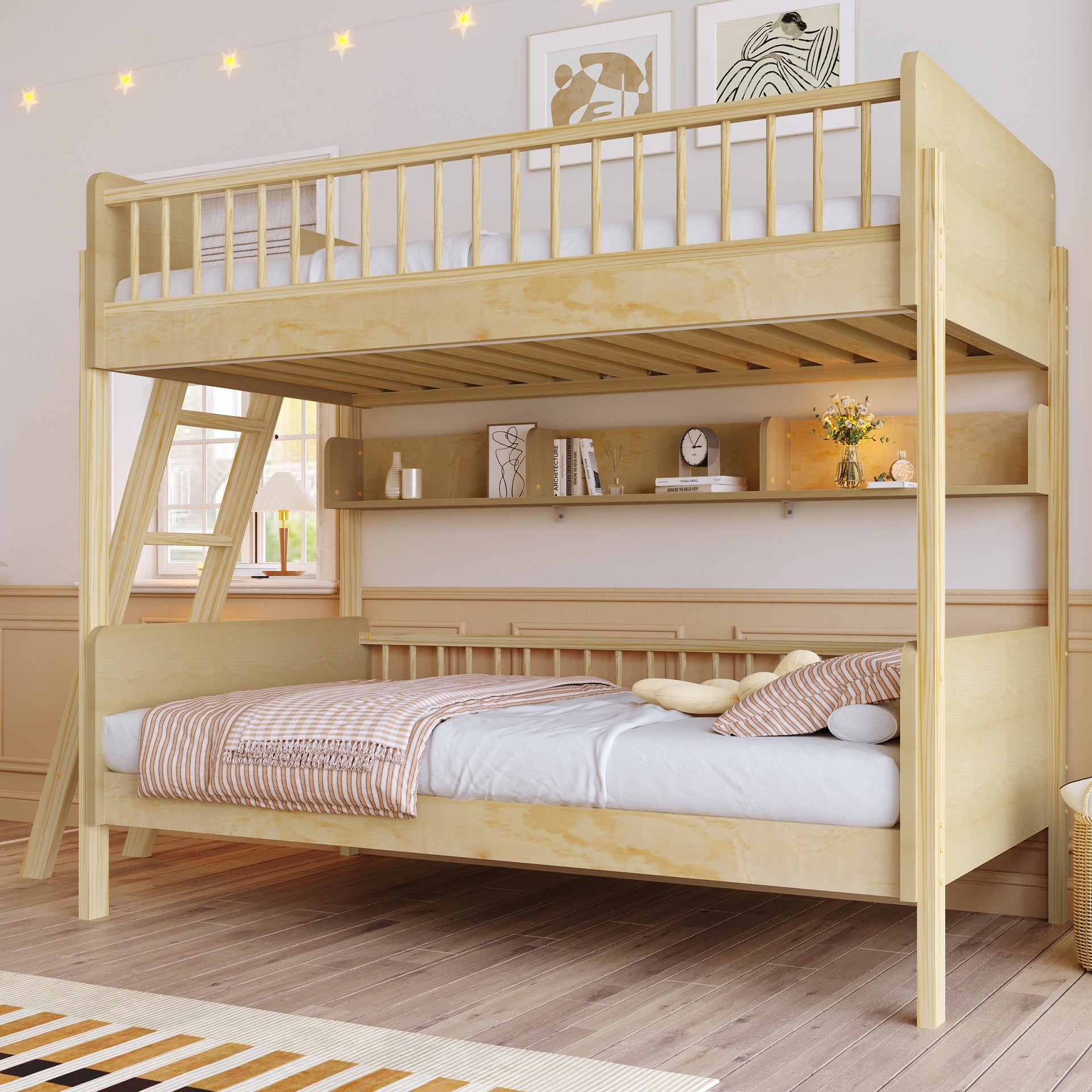 Twin Size Wooden Bunk Bed with 3 Storage Shelves,Ladder can be Changed Left or Right,Natural