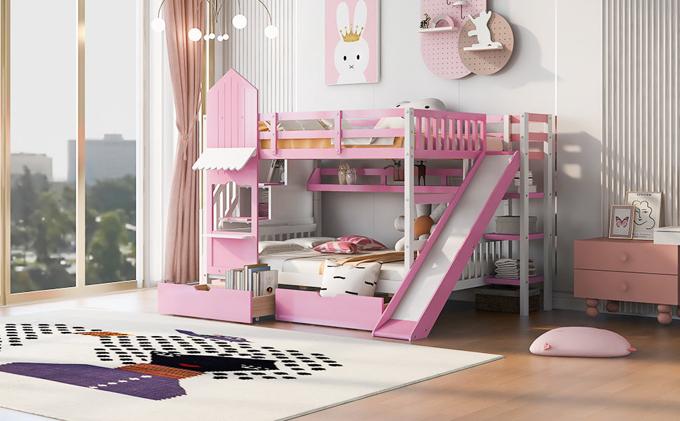 Full-Over-Full Castle Style Bunk Bed with 2 Drawers 3 Shelves and Slide - Pink