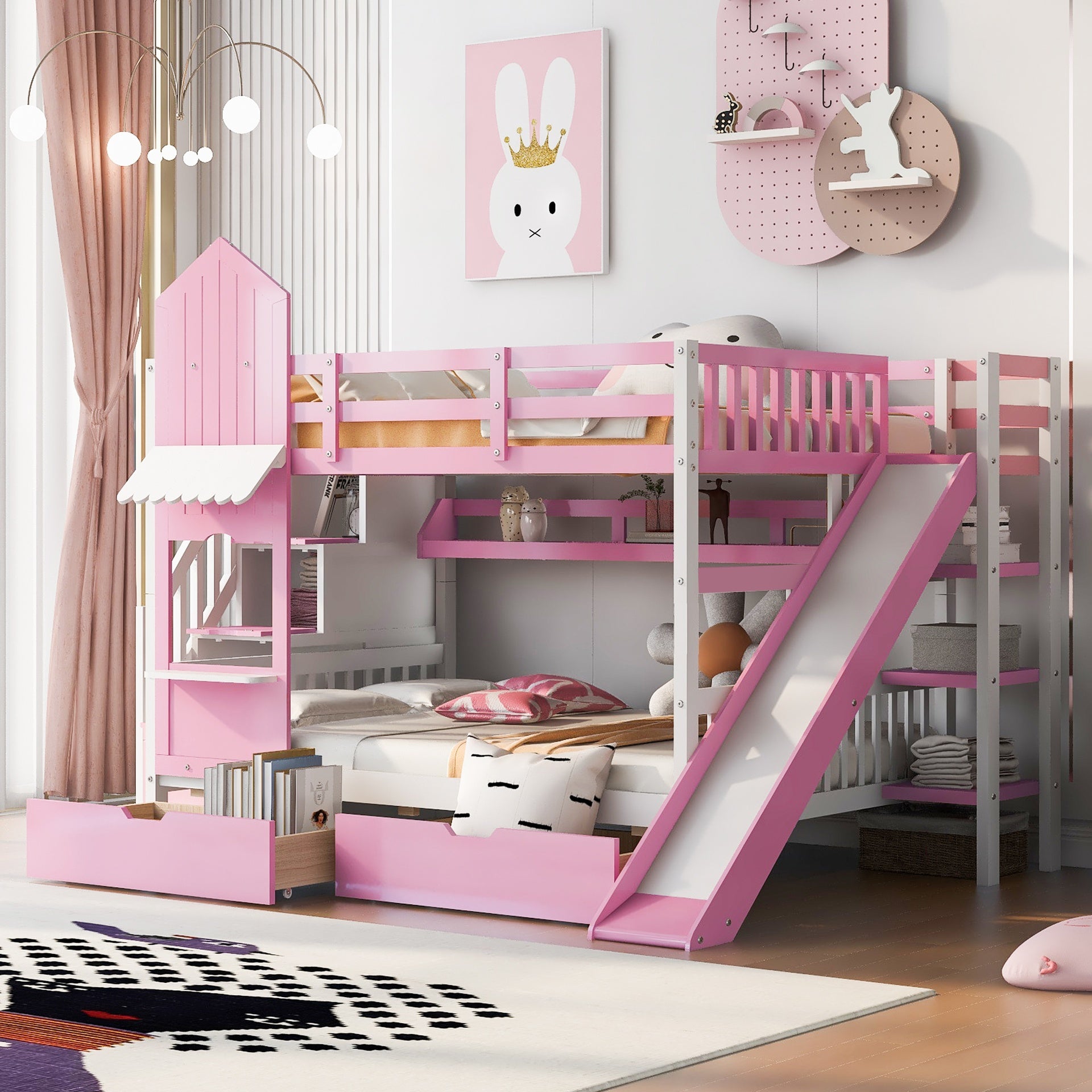 Full-Over-Full Castle Style Bunk Bed with 2 Drawers 3 Shelves and Slide - Pink