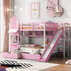 Full-Over-Full Castle Style Bunk Bed with 2 Drawers 3 Shelves and Slide - Pink