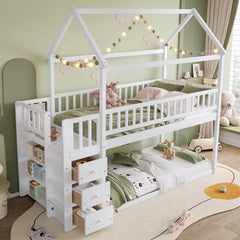 TWIN/TWIN HOUSE BUNK BED WITH SHELVES AND DRAWERS FOR WHITE COLOR