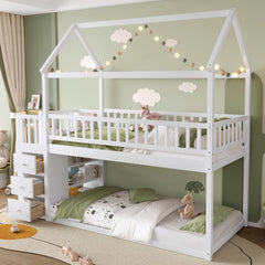 TWIN/TWIN HOUSE BUNK BED WITH SHELVES AND DRAWERS FOR WHITE COLOR