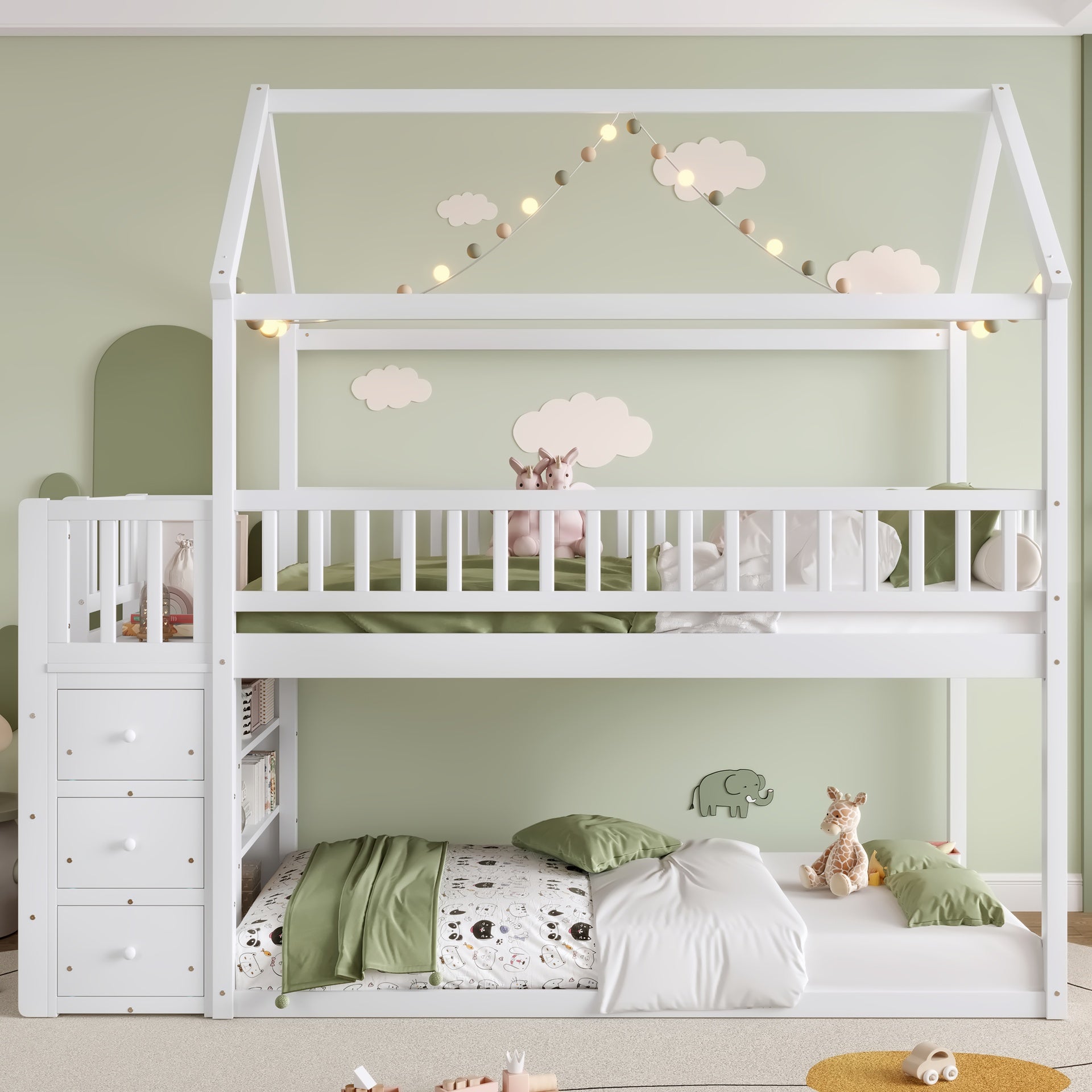 TWIN/TWIN HOUSE BUNK BED WITH SHELVES AND DRAWERS FOR WHITE COLOR