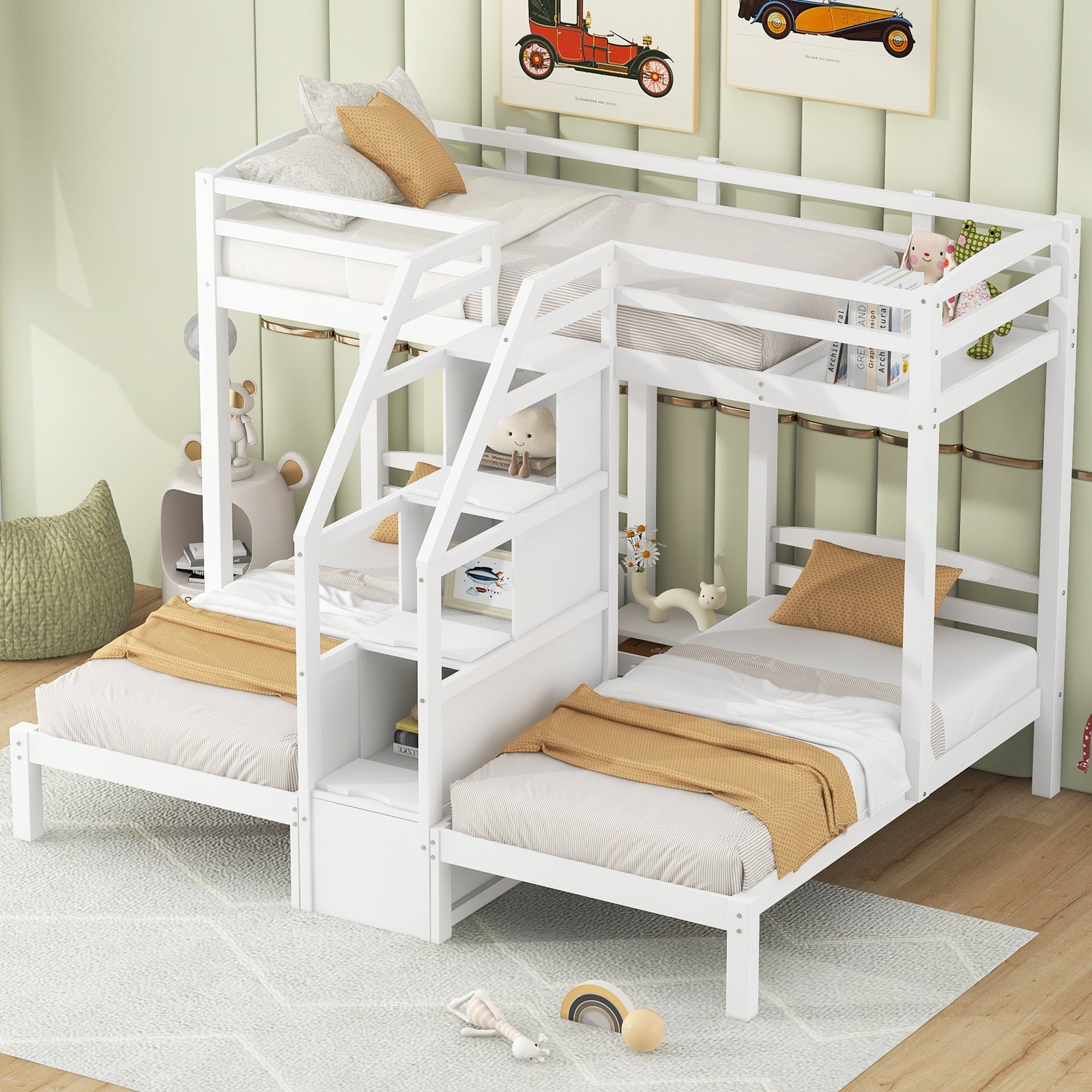 Twin over Twin & Twin Bunk Bed with Built-in Staircase and Storage Drawer,White