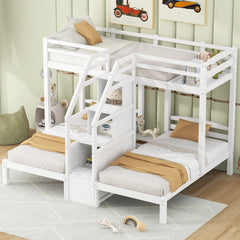 Twin over Twin & Twin Bunk Bed with Built-in Staircase and Storage Drawer,White