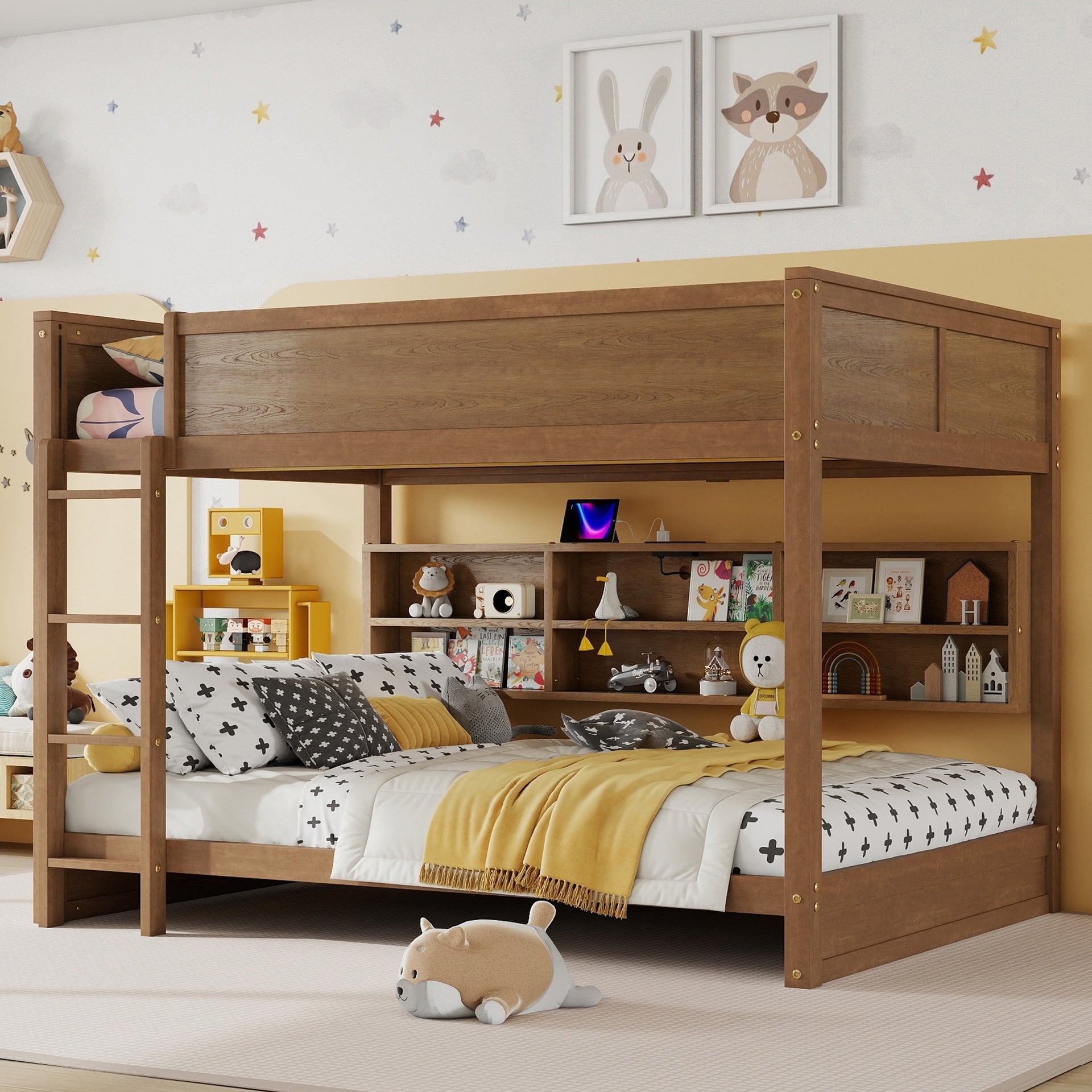 Queen Over Queen Bunk Bed with Built-in Storage Cabinets,Charging Station,Ladder,Safety Guardrails,Solid Pine Wood Bunk Bed,WHEAT
