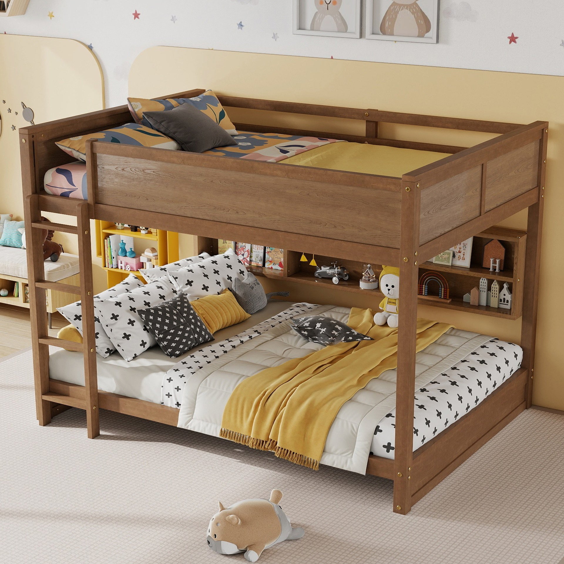 Queen Over Queen Bunk Bed with Built-in Storage Cabinets,Charging Station,Ladder,Safety Guardrails,Solid Pine Wood Bunk Bed,WHEAT
