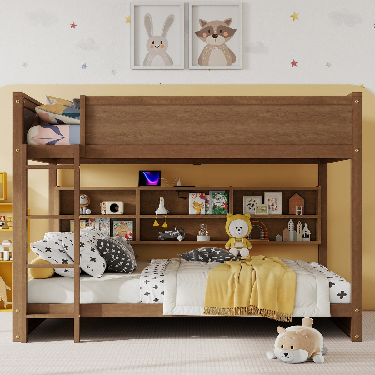 Queen Over Queen Bunk Bed with Built-in Storage Cabinets,Charging Station,Ladder,Safety Guardrails,Solid Pine Wood Bunk Bed,WHEAT