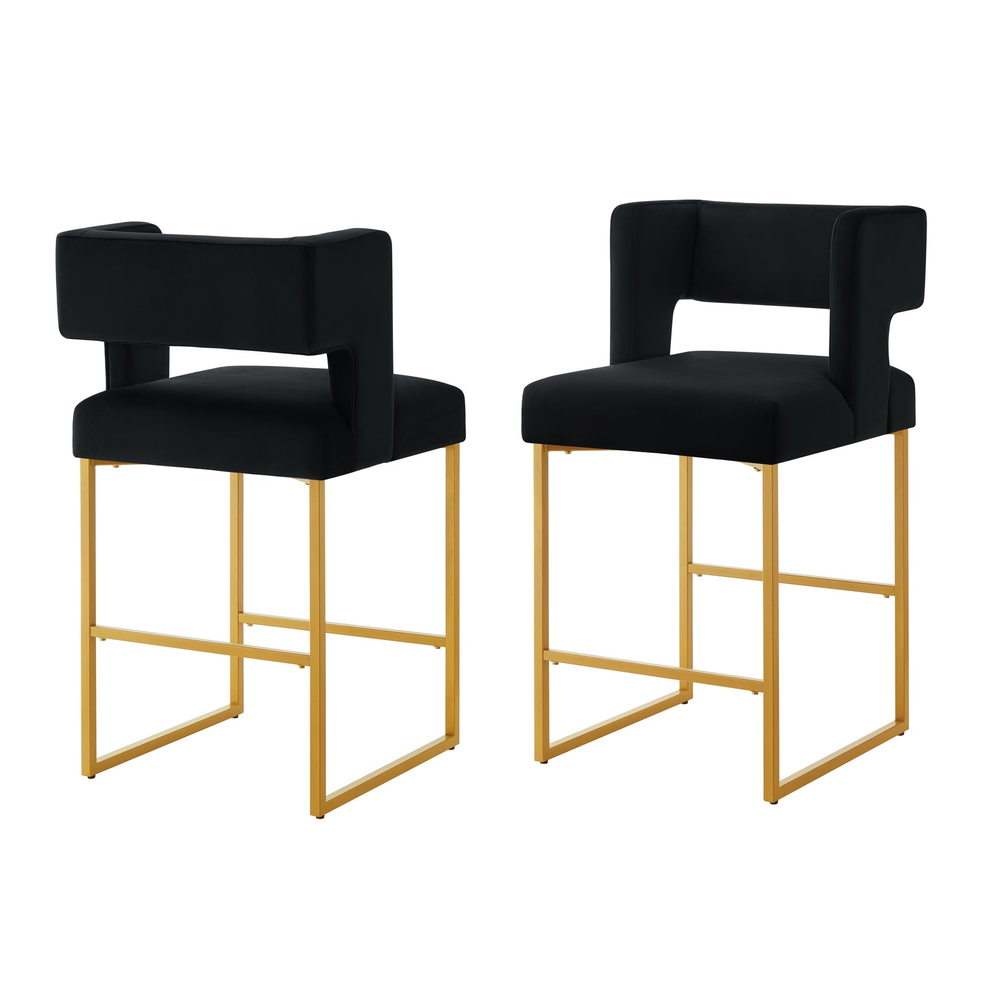 Modern Fashion Counter Height Bar Stools with Unique Square Open Backrest, Set of 2 Versatile Bar Chairs with Sturdy Iron Legs, 26" H Counter Height Chairs for kitchen islands, Black/Gold