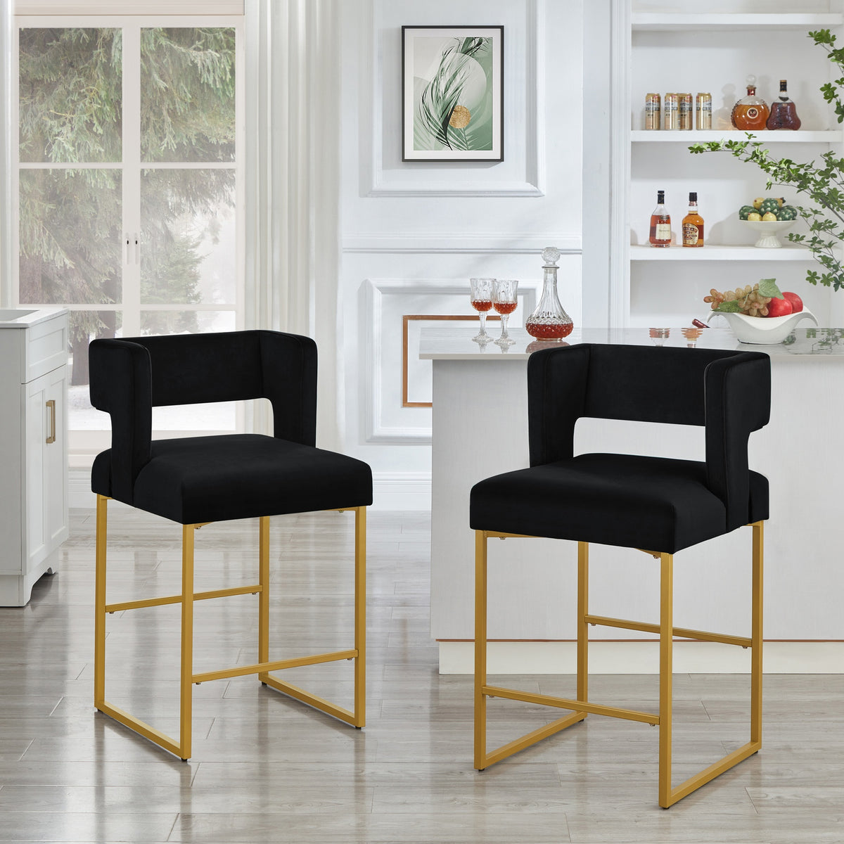 Modern Fashion Counter Height Bar Stools with Unique Square Open Backrest, Set of 2 Versatile Bar Chairs with Sturdy Iron Legs, 26" H Counter Height Chairs for kitchen islands, Black/Gold