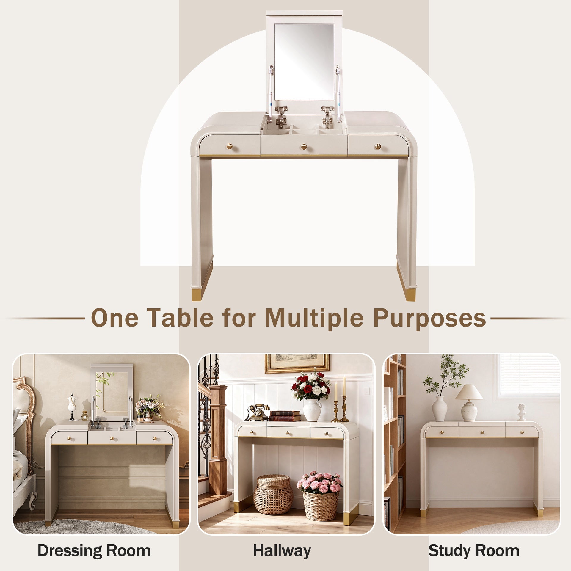Classic Wood Vanity Desk with Flip Mirror, 3-in-1 Dressing Table with 2 Drawers and Storage Space for Bedroom, Champagne