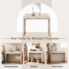 Classic Wood Vanity Desk with Flip Mirror, 3-in-1 Dressing Table with 2 Drawers and Storage Space for Bedroom, Champagne