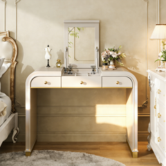 Classic Wood Vanity Desk with Flip Mirror, 3-in-1 Dressing Table with 2 Drawers and Storage Space for Bedroom, Champagne