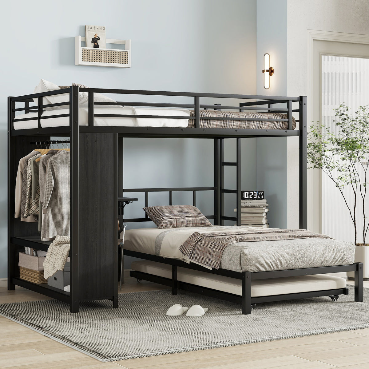 Full over Twin Bunk Bed with Built-in Wardrobe, Metal Bunk Bed with Trundle, Foldable Desk, Ladders, Noise-reduced design, Black
