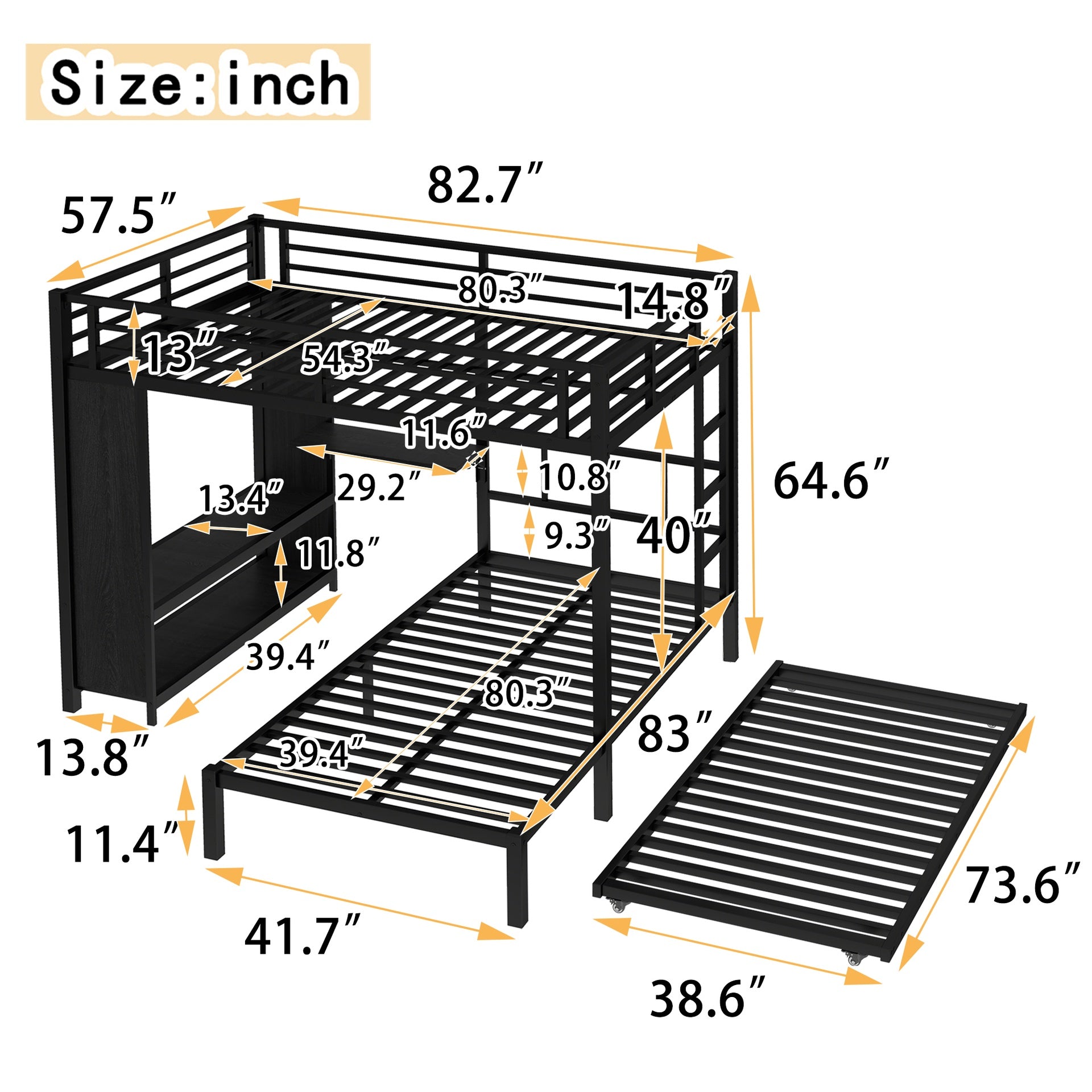 Full over Twin Bunk Bed with Built-in Wardrobe, Metal Bunk Bed with Trundle, Foldable Desk, Ladders, Noise-reduced design, Black