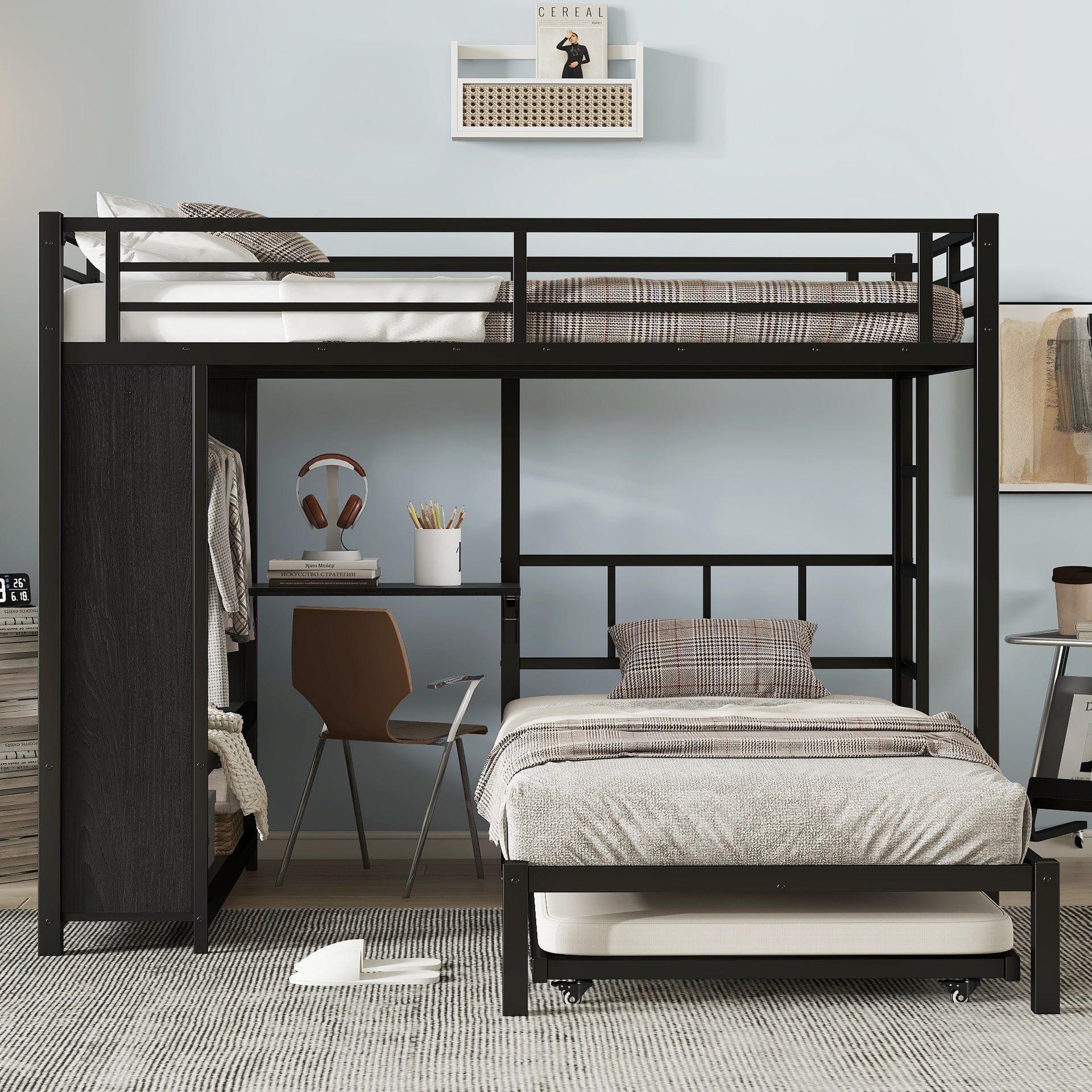 Full over Twin Bunk Bed with Built-in Wardrobe, Metal Bunk Bed with Trundle, Foldable Desk, Ladders, Noise-reduced design, Black