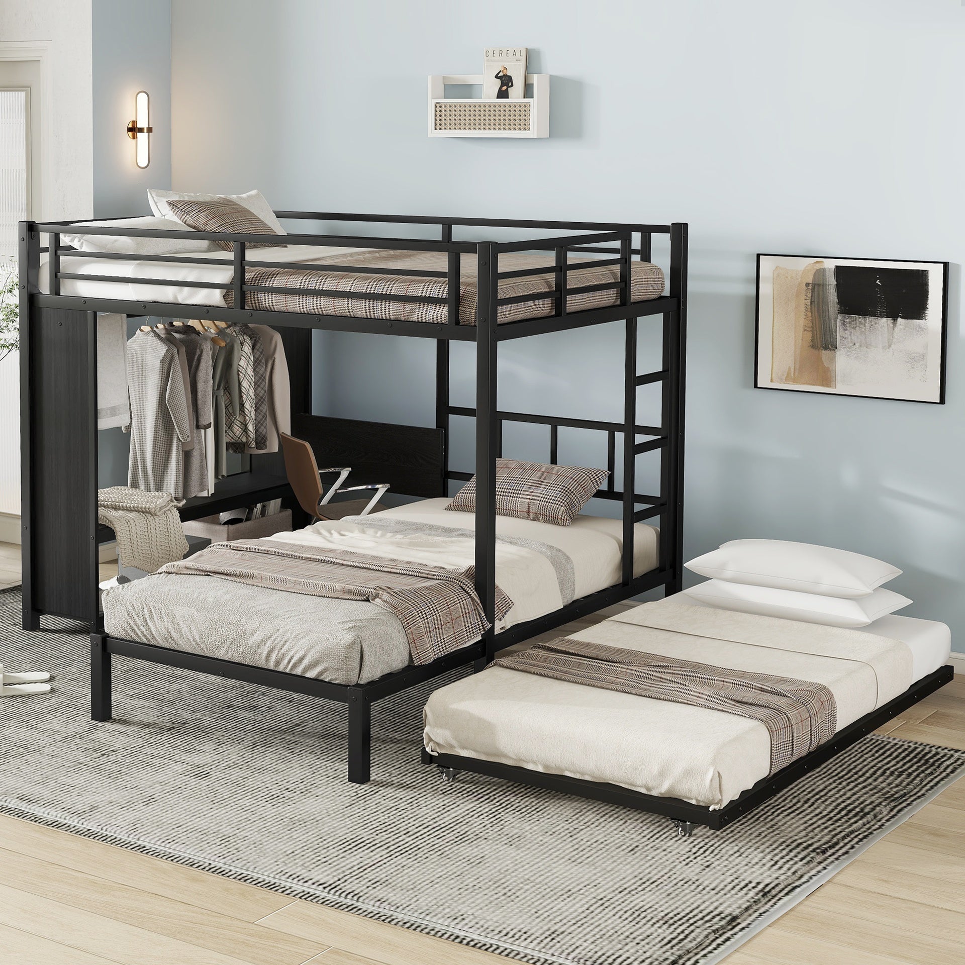 Full over Twin Bunk Bed with Built-in Wardrobe, Metal Bunk Bed with Trundle, Foldable Desk, Ladders, Noise-reduced design, Black