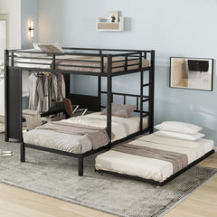 Full over Twin Bunk Bed with Built-in Wardrobe, Metal Bunk Bed with Trundle, Foldable Desk, Ladders, Noise-reduced design, Black