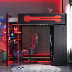 Full Size Wood Loft Bed with Desk, Open Wardrobe and RGB Light, Red