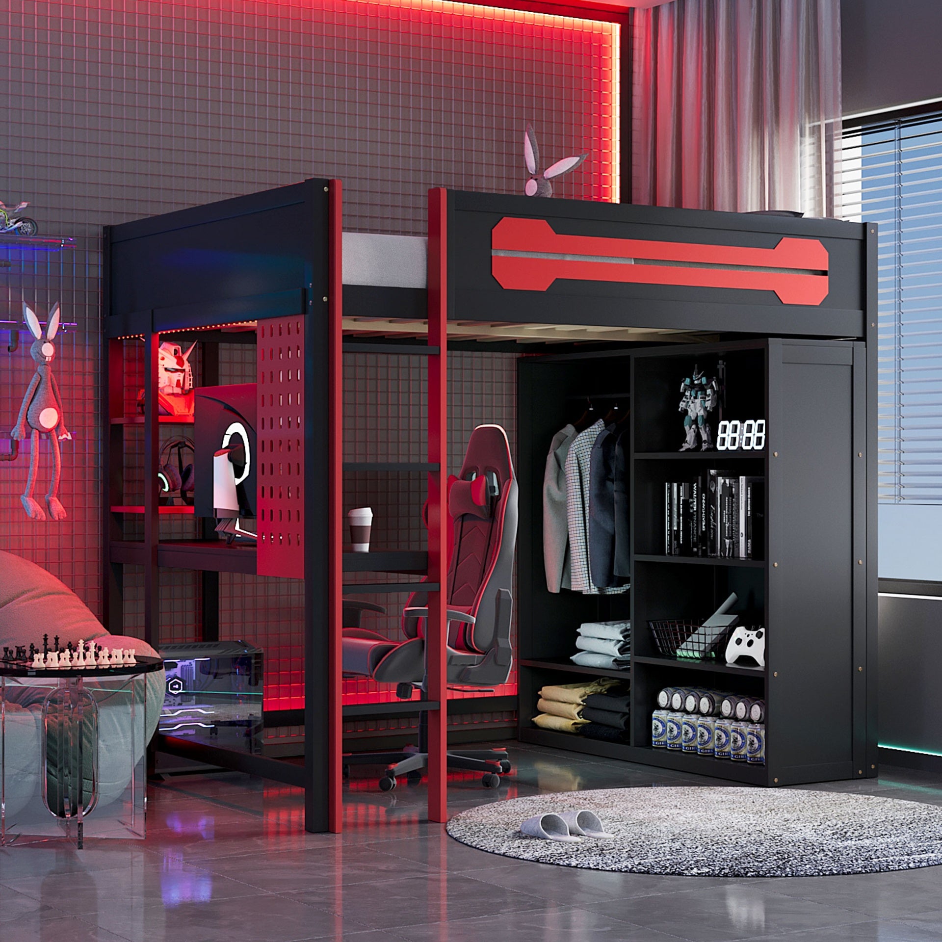 Full Size Wood Loft Bed with Desk, Open Wardrobe and RGB Light, Red