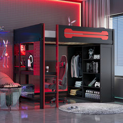 Full Size Wood Loft Bed with Desk, Open Wardrobe and RGB Light, Red