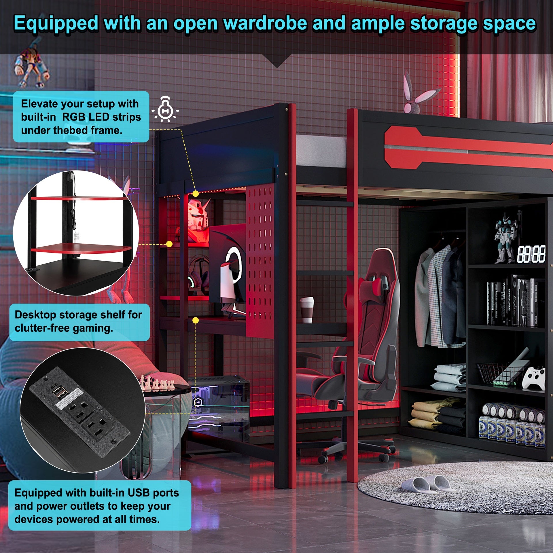Full Size Wood Loft Bed with Desk, Open Wardrobe and RGB Light, Red