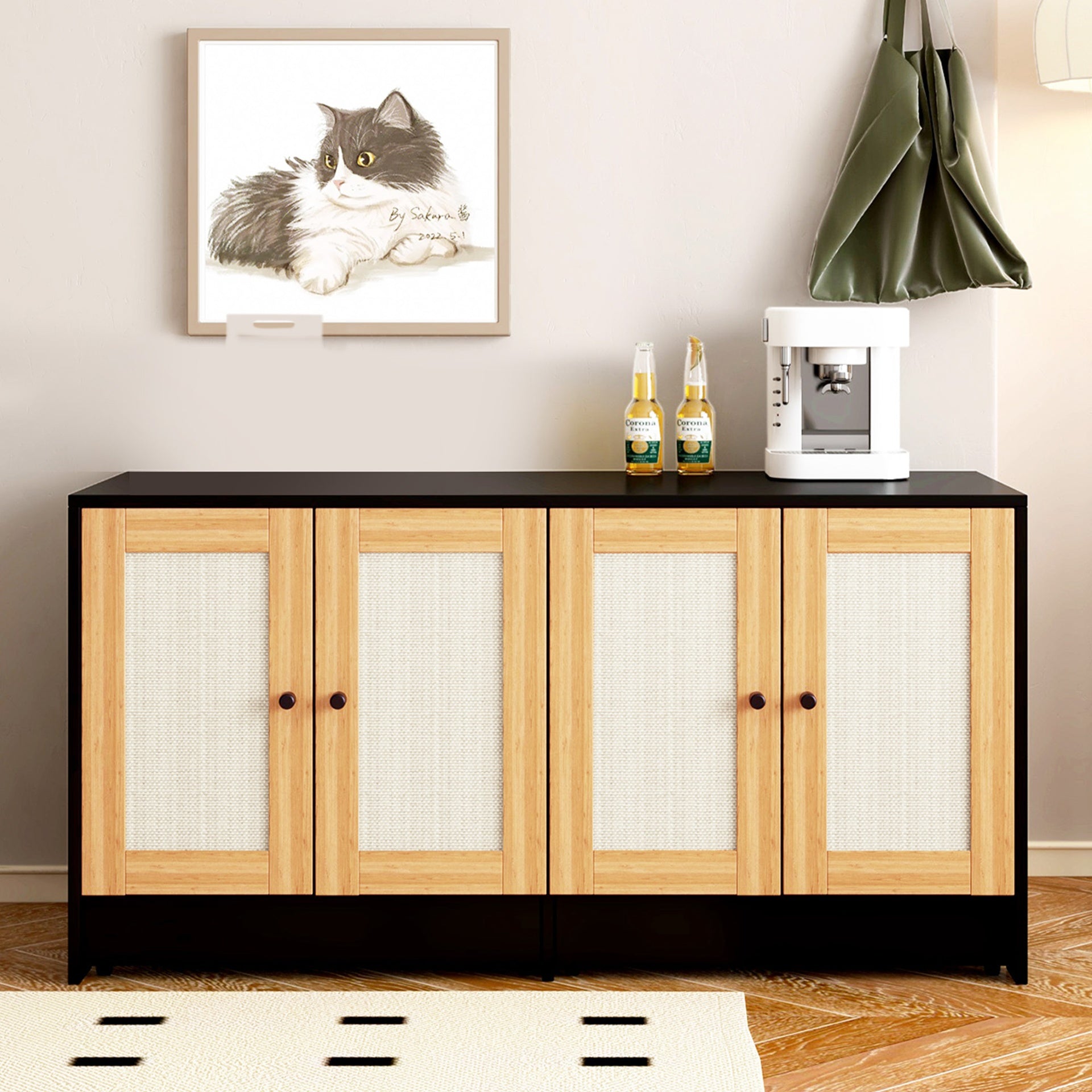 Double Litter Box Enclosure,Cat Litter Box Enclosure for 2 Cats, Hidden Litter Box Furniture with Rattan Doors, 47" L x 19.8" W x 21.8" H,Black