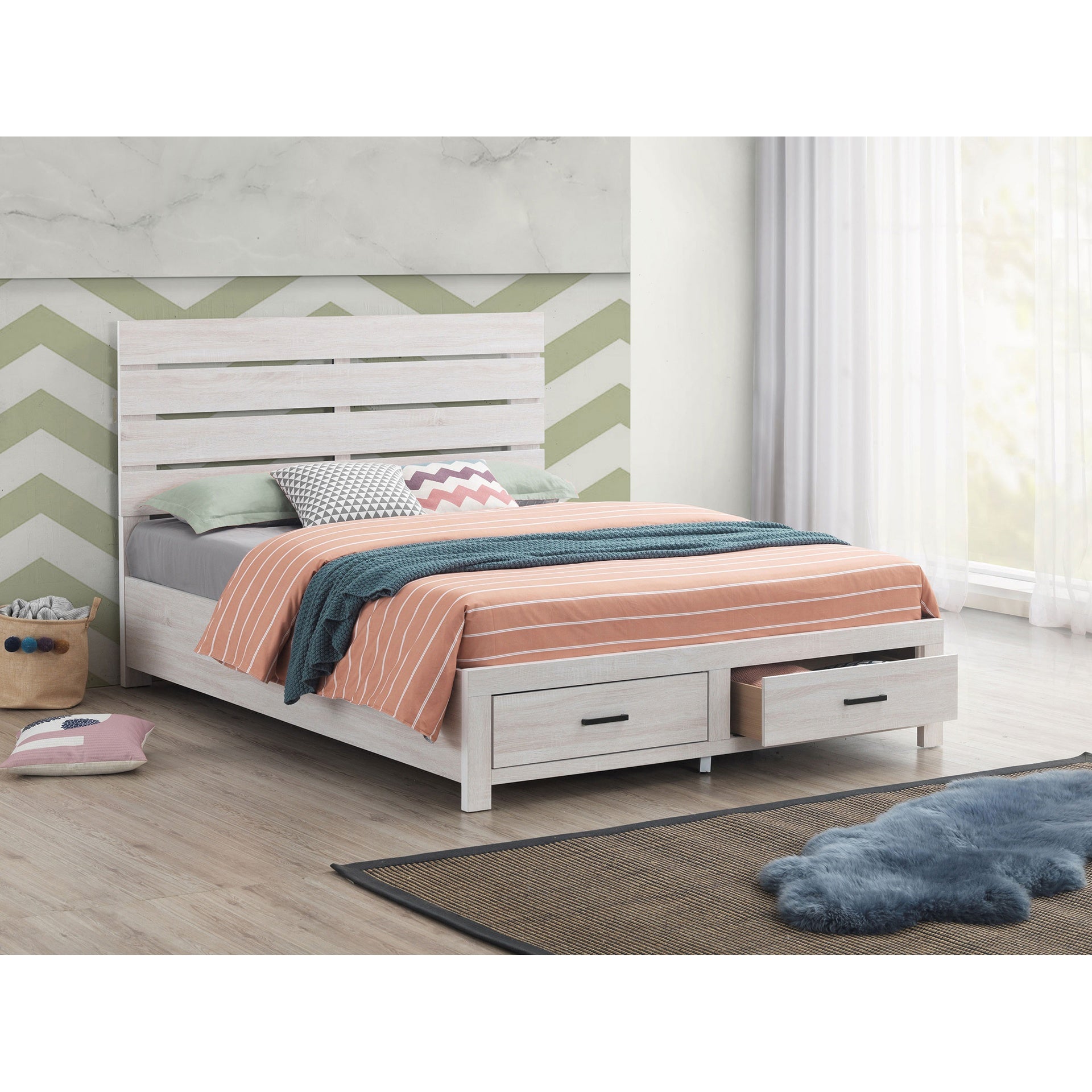 Geary Coastal White Queen Storage Panel Bed