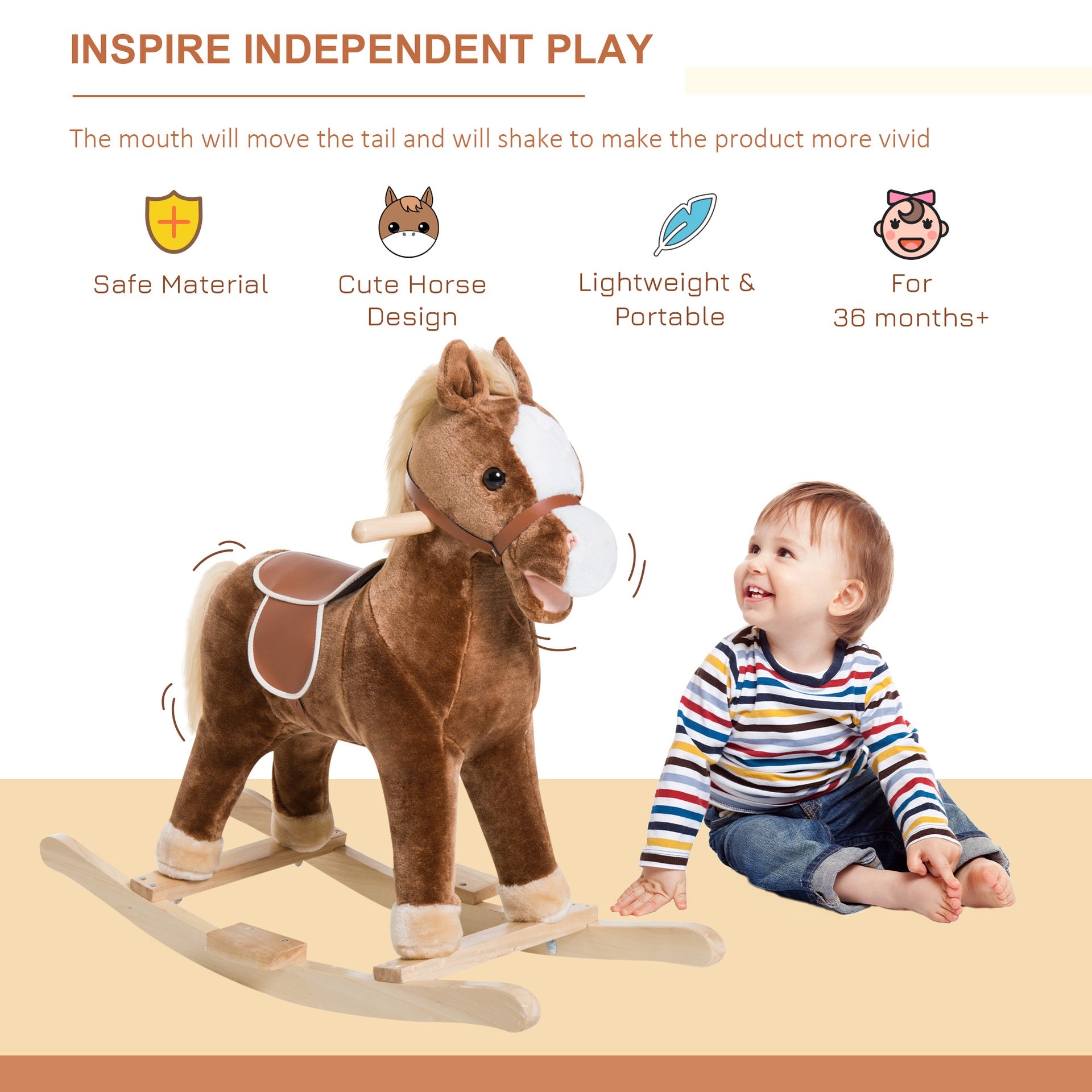 Qaba Kids Ride on Rocking Horse Toddler Plush Toy with Realistic Sounds for 3 Years Old Children - Brown
