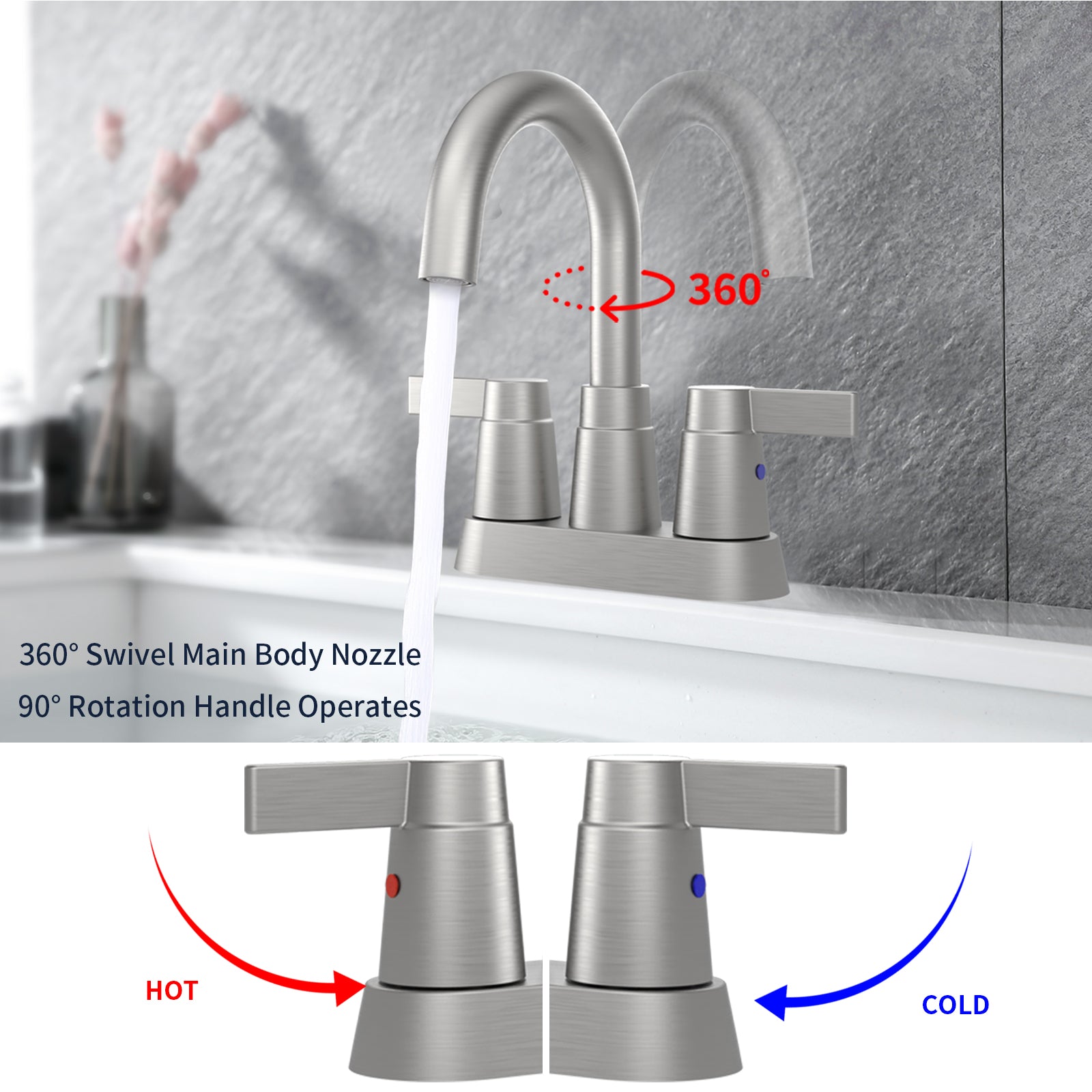 Bathroom Faucet Brushed Nickel 2-Handle Bathroom Sink Faucet 360 Degree High Arc Swivel Spout Centerset 4 Inch Vanity Faucet RV Bathroom Faucet 3 Holes Lavatory Faucet