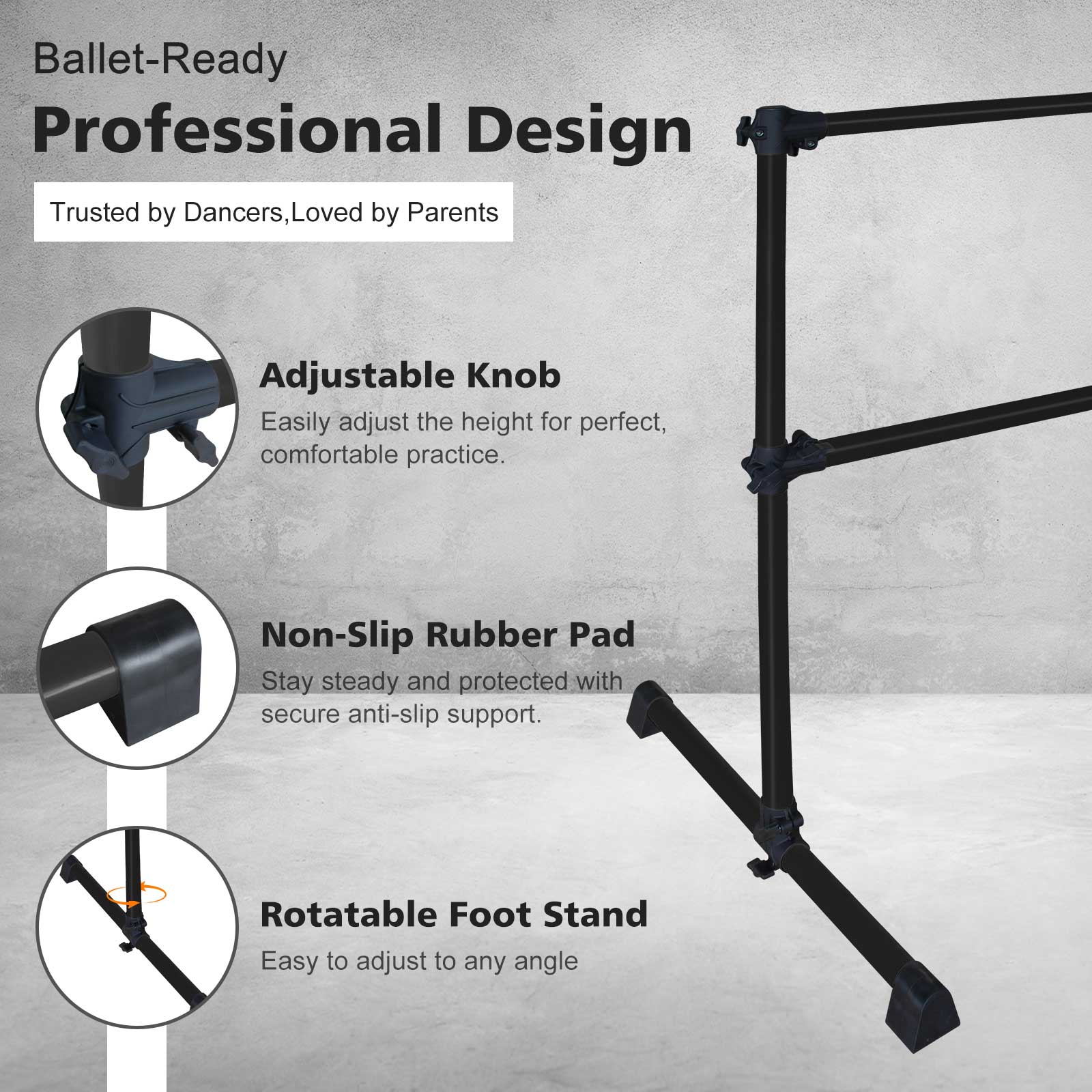 4FT Black Ballet Barre With Adjustable Range Of 6.7-46 Inches For Dance Practice